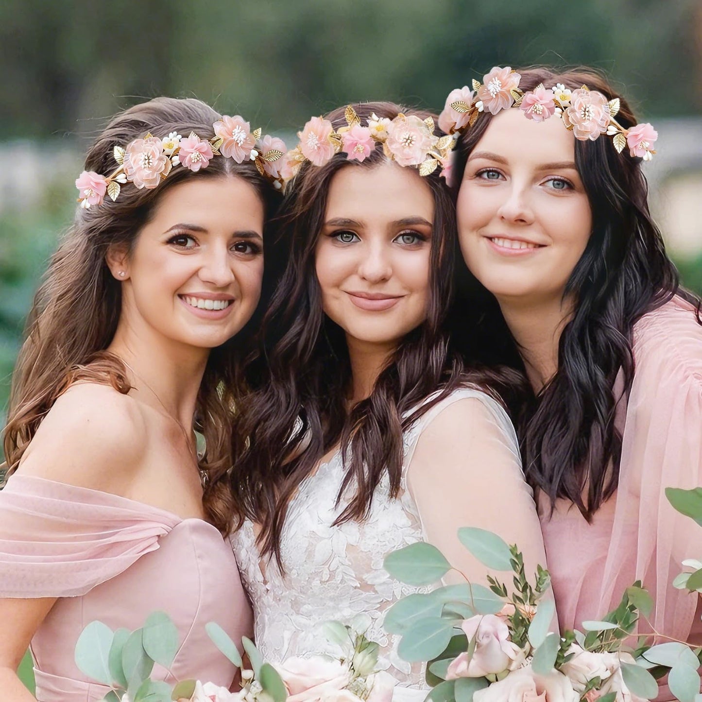 MEMOVAN Pink Flower Crown Headband Rose Floral Headpiece Adjustable with Gold Leaf Bohemian Fairy Flower Renaissance Hair Wreath Accessory for Girls Women Birthday Wedding Party Photo Props