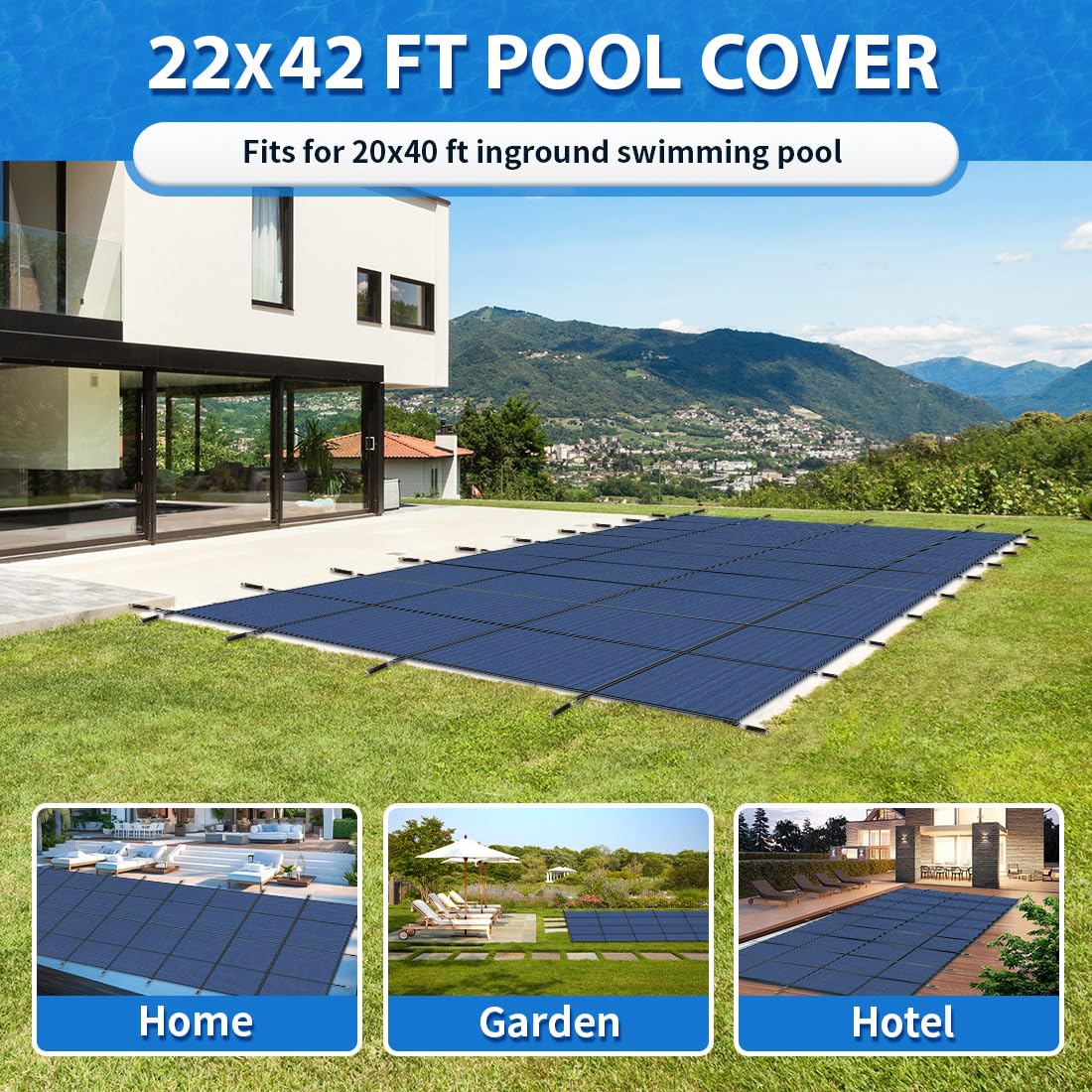 iCOVER Inground Pool Safety Cover, 20x40ft Rectangle Winter Safety Pool Cover for Inground Swimming Pools, Winter Pool Cover, Pool Covers for Inground Pools, Triple Stitched for High Strength, Blue