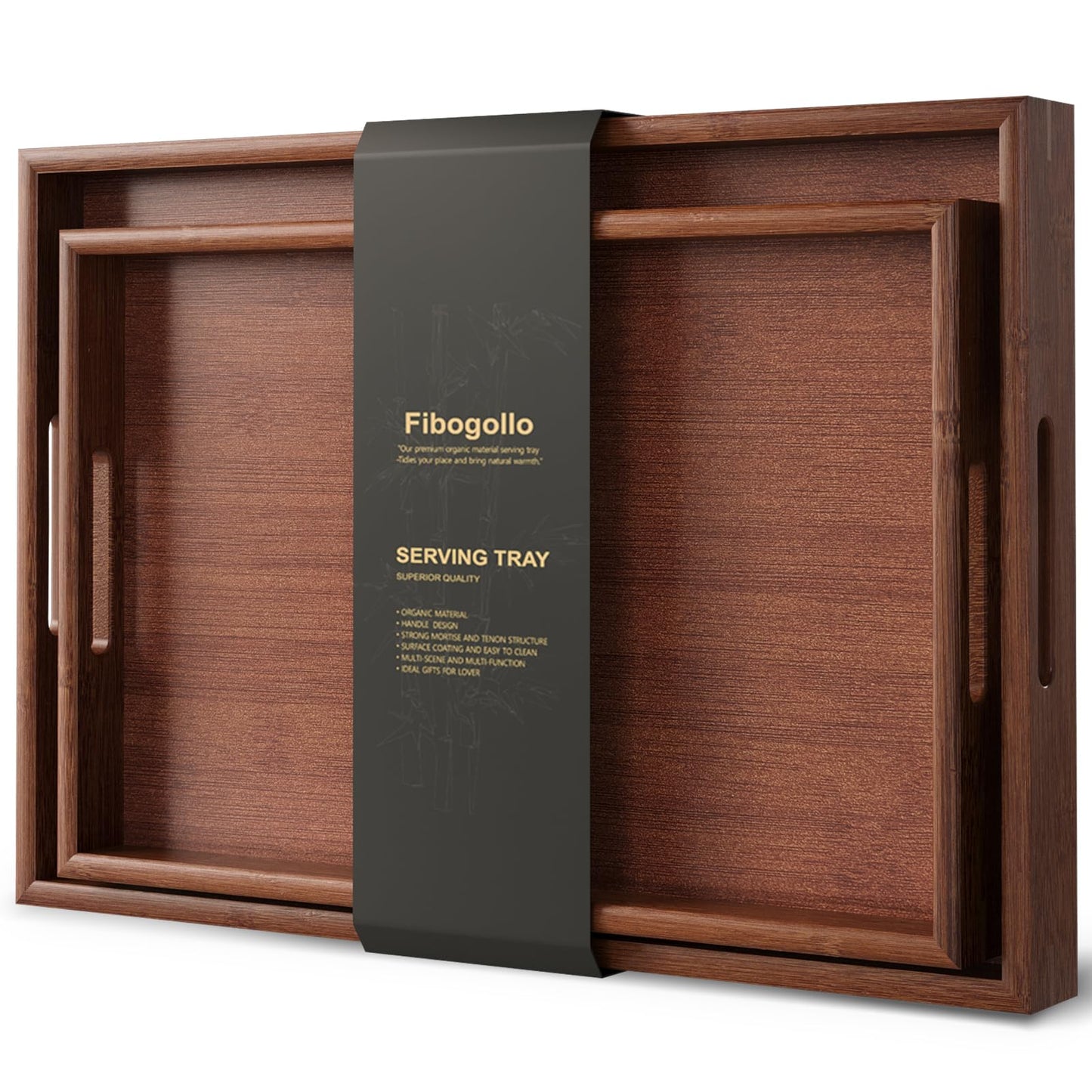 Fibogollo Bamboo Set of 2 Serving Tray with Handles,Decorative Trays Platter,Breakfast Tray in Bed,Food Drinks Tray for Eating,Working,Storing(Brown)