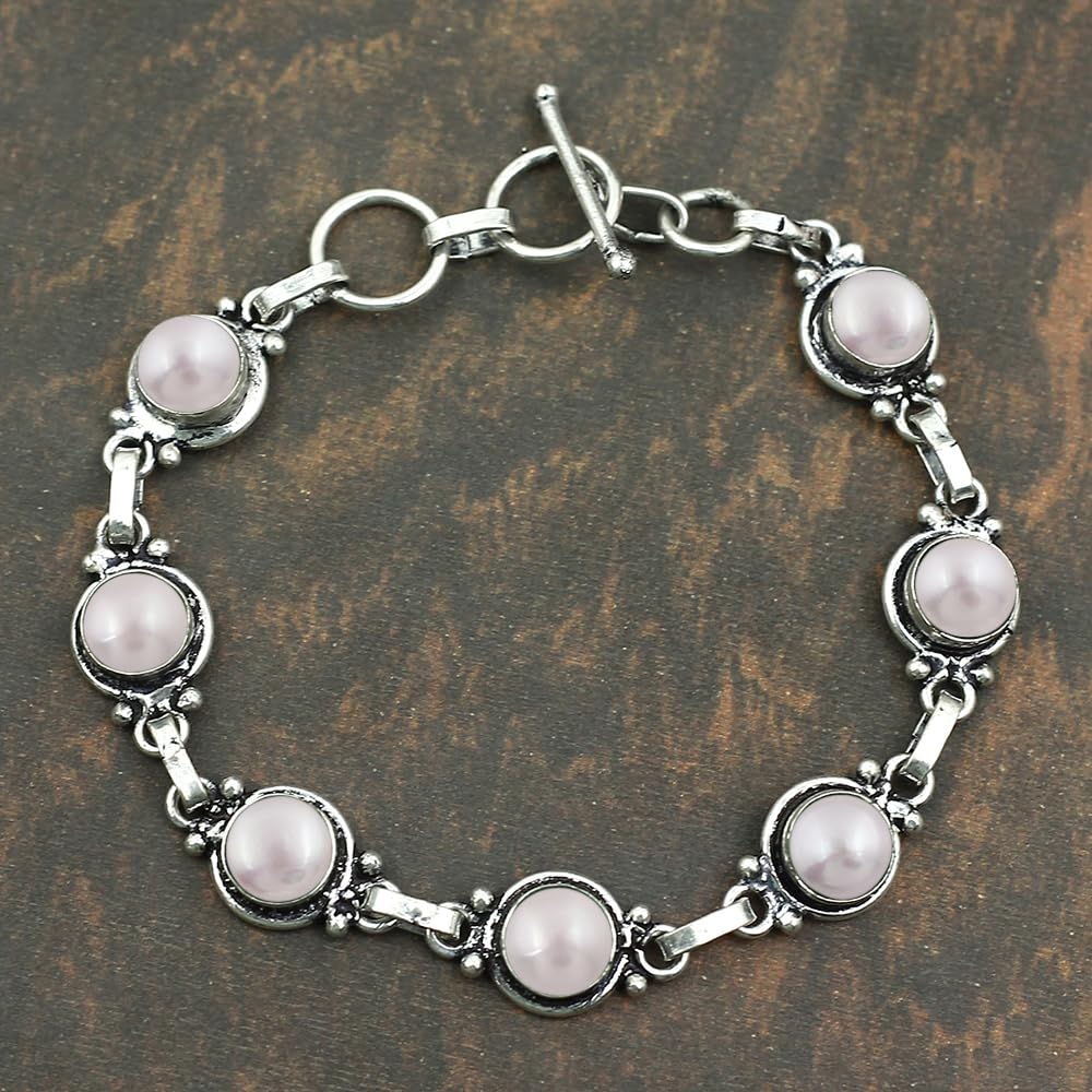 Natural Pearl 925 Silver Plated June Birthstone Adjustable Bracelet for Women - White Gemstone Handmade Vintage Style Bohemian Jewelry Bracelet - Mother's Day Gifts for Mom