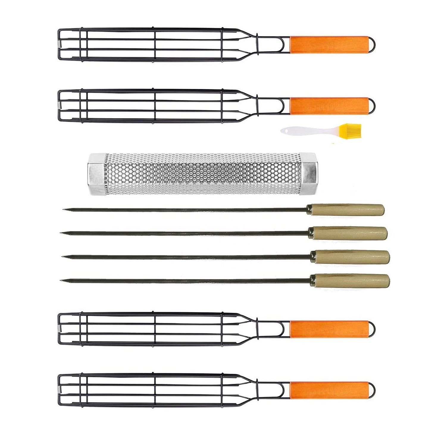 Kabob Grilling Baskets, BBQ Grill Accessories Set of 4 with 12" Stainless Steel Hot/Cold Smoker Tube, BBQ Smoker Rotisserie Basket for Grilling Vegetables