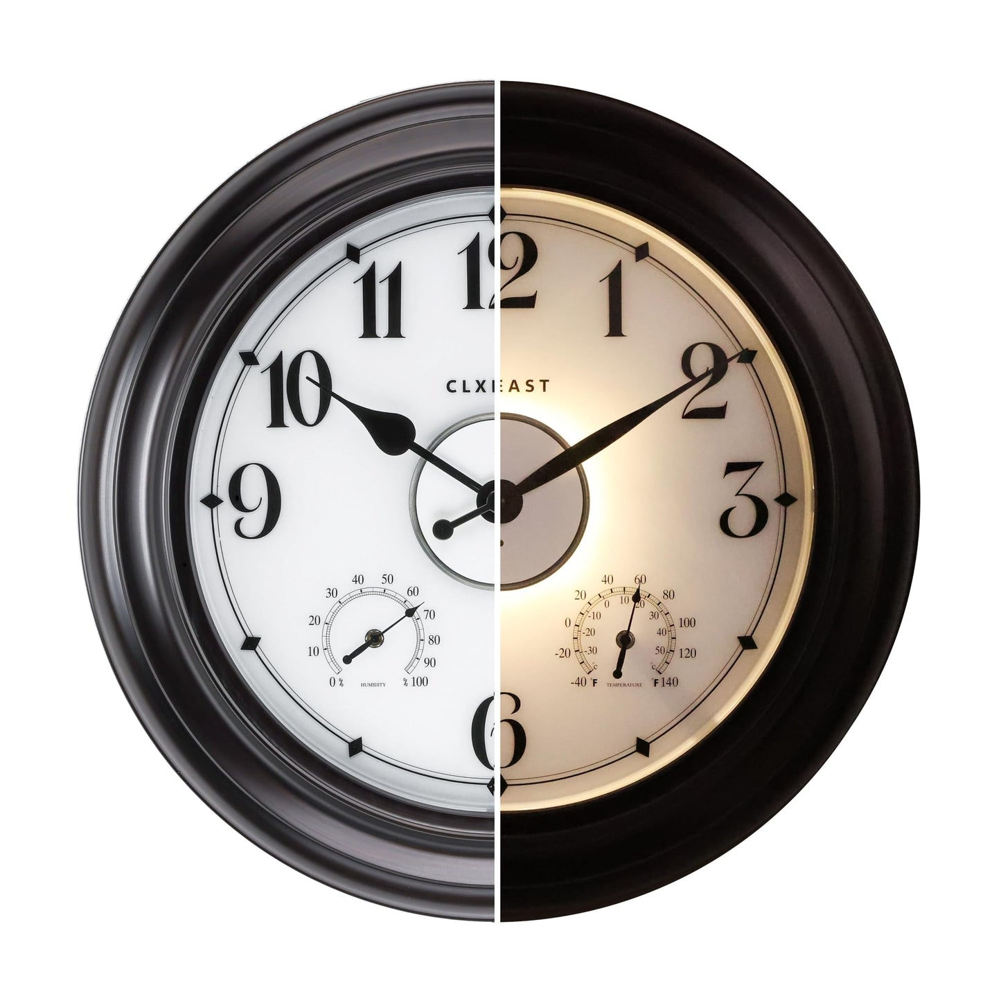 CLXEAST 24 Inch LED Self-Illuminated Outdoor Metal Clocks Waterproof, Large Lighted Outdoor Clock with Temperature and Humidity,Oil Rubbed Bronze Black,Spring Garden Decor