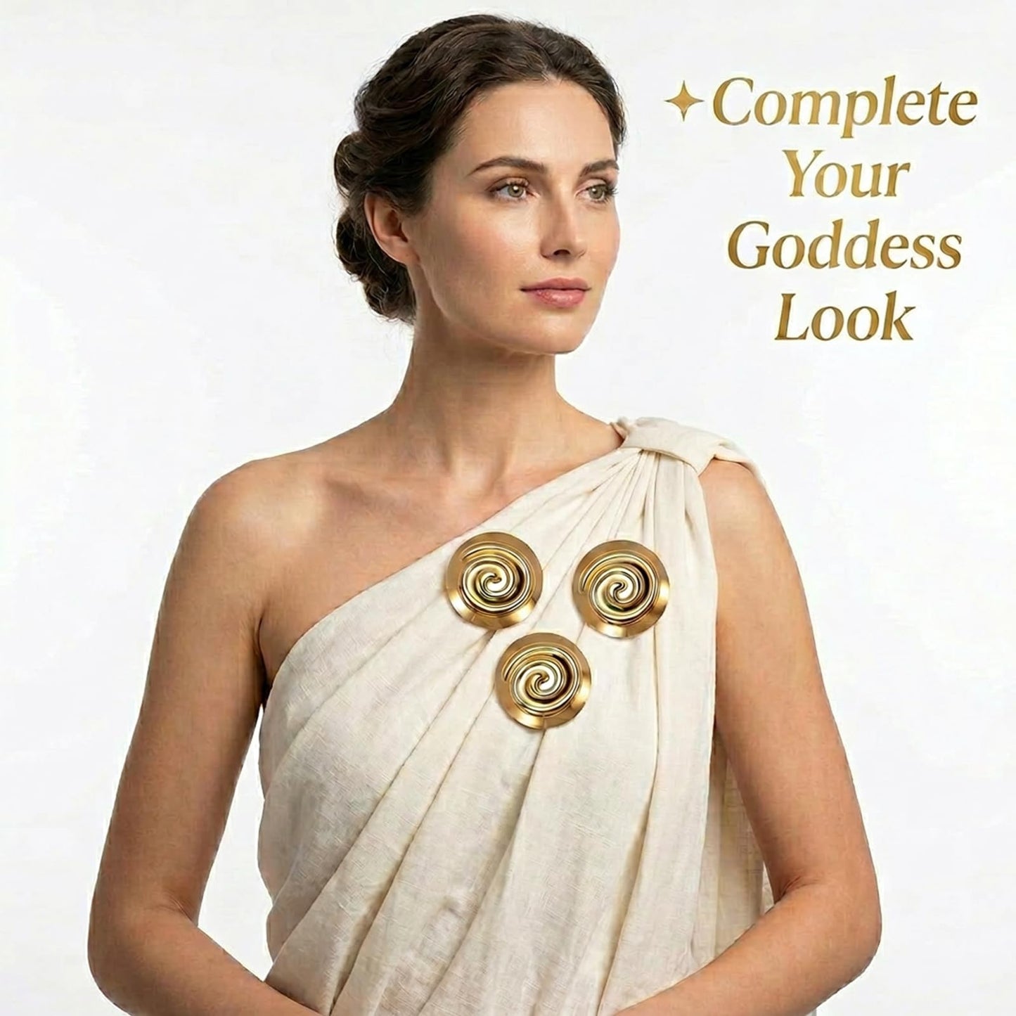 3 Pcs Greek Goddess Costume Brooch Pins Set - Golden Spiral Princess Dress Up Accessories for Women, Roman Toga Party Jewelry & Halloween Cosplay Supplies 2.3 Inch