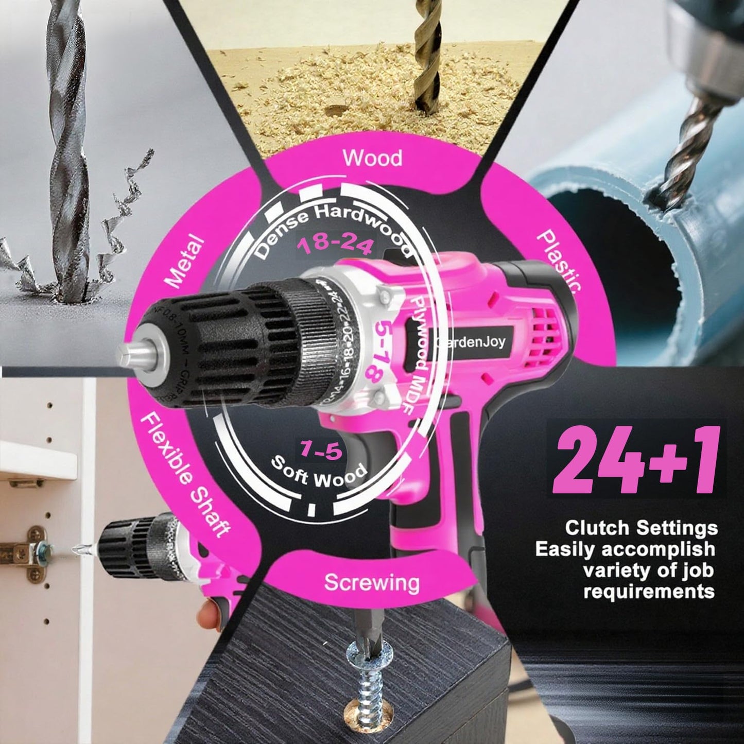 GardenJoy 20v Cordless Drill Set, Power Electric Kit 2 Batteries With Charger 30Nm 2-Speed 3/8" Keyless Chuck 24+1 Torque Drill Driver screwdriver Bits with LED Electric Work Light for Women DIY