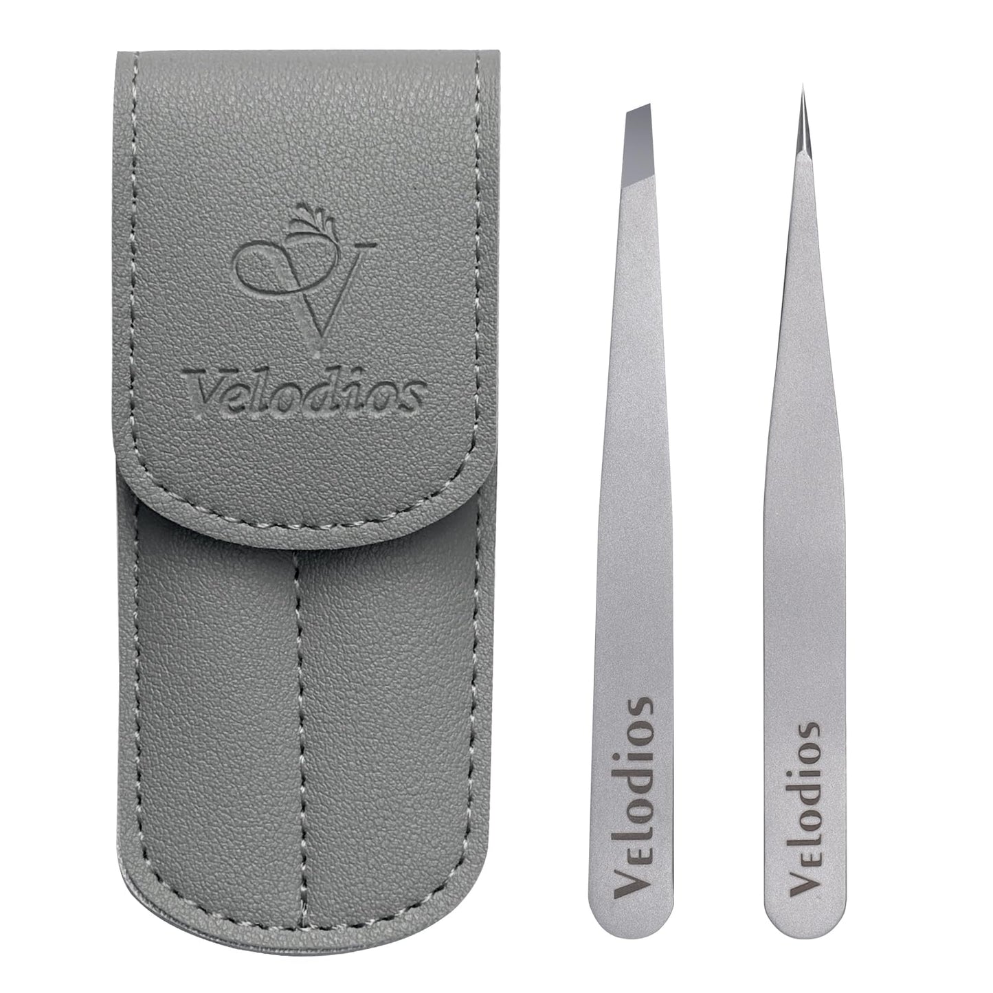 Velodios Tweezers for Eyebrows, Pointed Tweezers for Women Facial Hair, Ingrown Hair Removal, Slanted and Pointed Tip Tweezers Set with PU Travel Case, Premium Stainless Steel