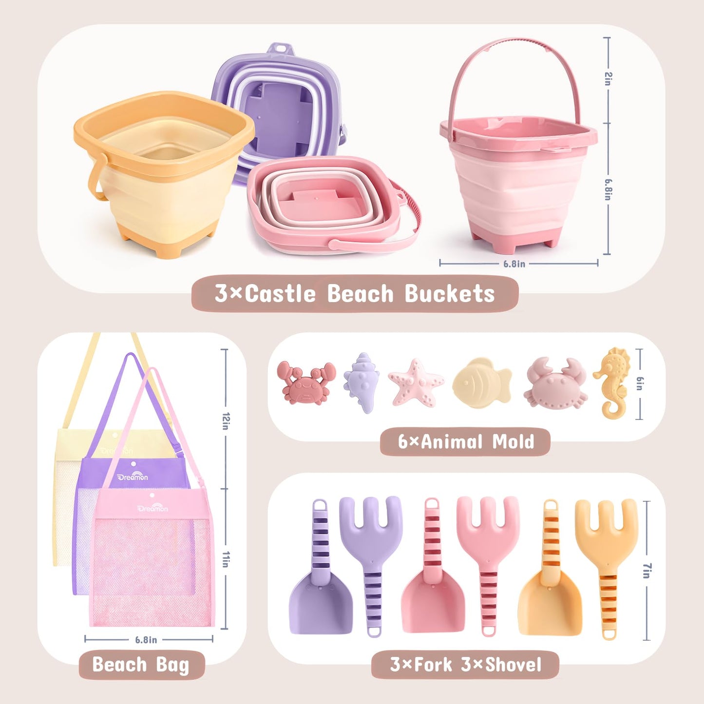 3 Pack Beach Toys Set for Kids Toddlers Girls, Collapsible Sand Buckets with Beach Molds and Mesh Bag, Sandbox Travel Toys Beach Vacation Essentials, Camping Gear, Fishing (Purple/Pink/Yellow)