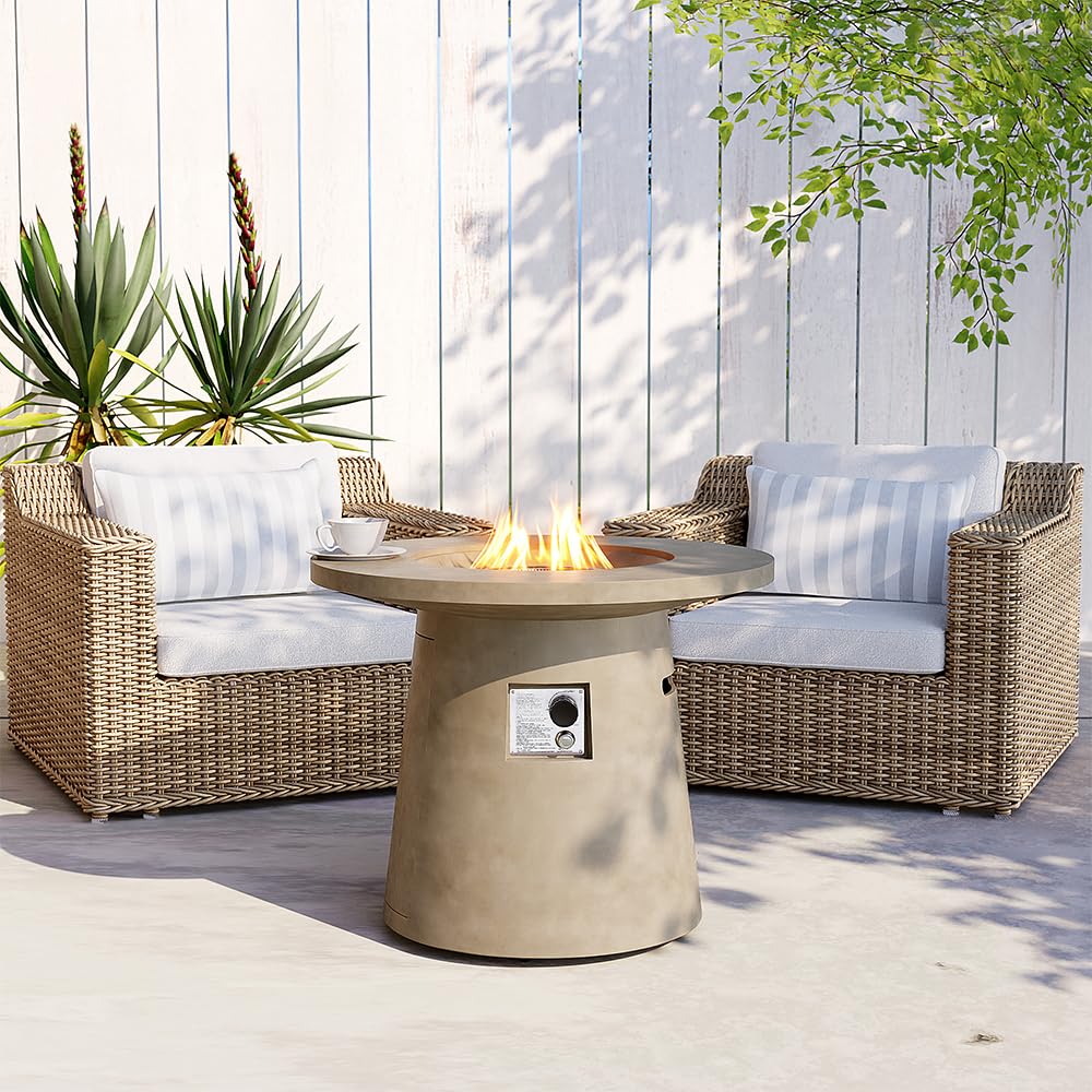 HOMPUS 31 Inch Round Patio Propane Fire Table, 40000 BTU Smokeless Outdoor Fire Pit, Patio Concrete Firepit with Rain Cover for Garden, Deck, Backyard