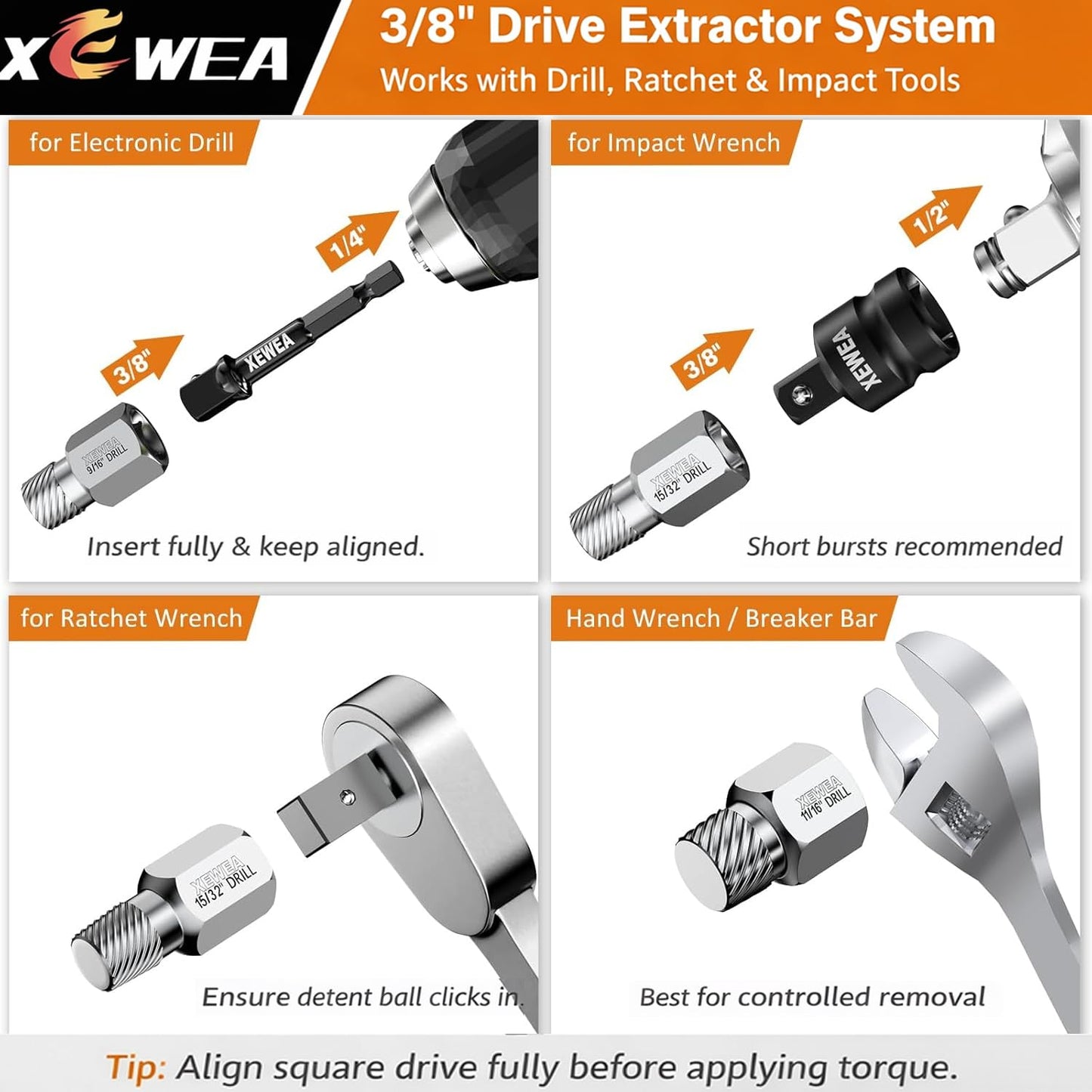 XEWEA 22PCS 3/8" Drive Screw Extractor Set, Multi-Spline Easy Out Bolt Remover Kit for Stripped Broken Bolts, Nuts & Screws, Heavy-Duty CR-MO Extraction Tools with Extension & Adapter Accessories