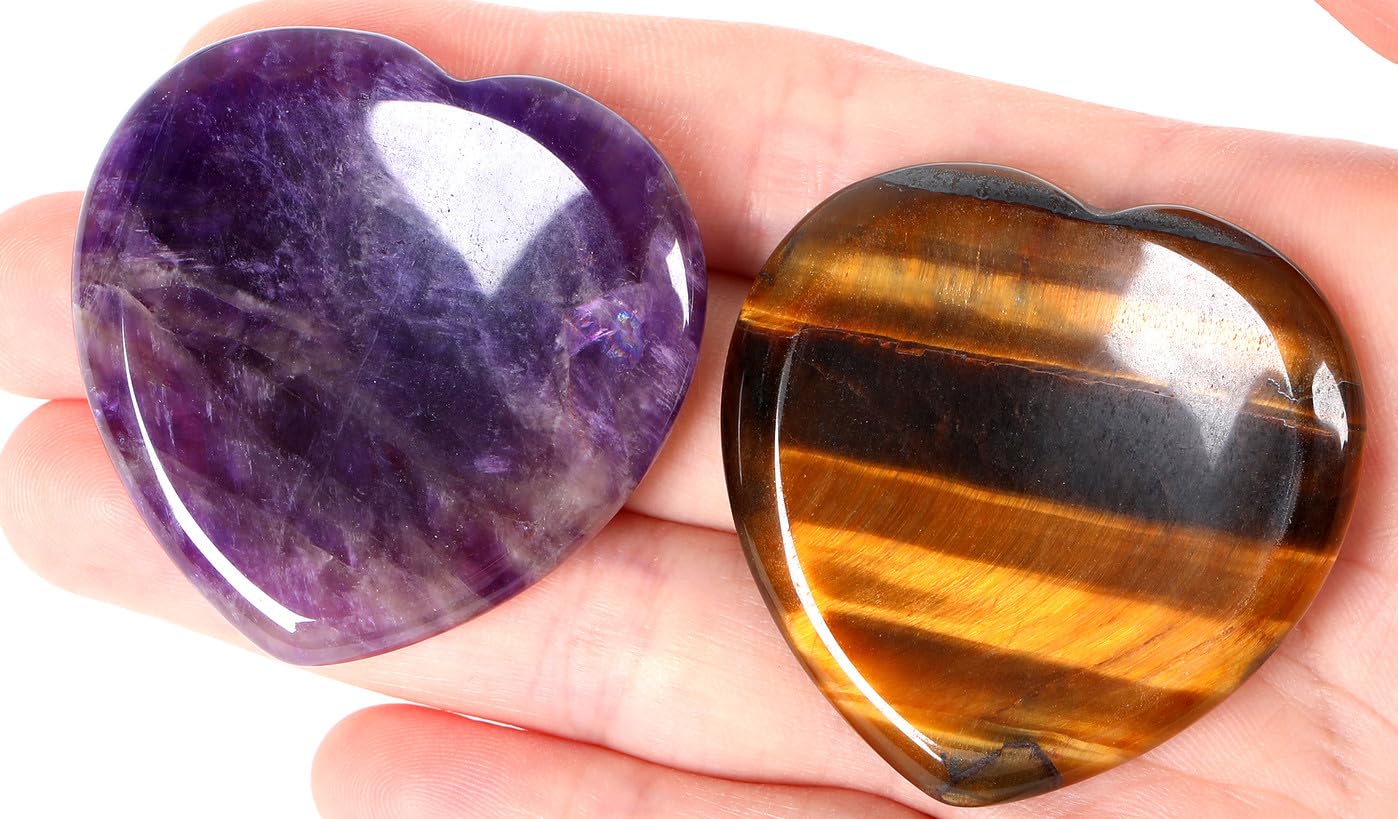 QINJIEJIE 2PCS Worry Stones for Anxiety Amethyst Tiger Eye Crystals Thumb Heart Shaped Quartz Crystal Palm Polished Gemstone Pocket Massage Natural Gem Reiki Meditation Stress Relief Gift for Women
