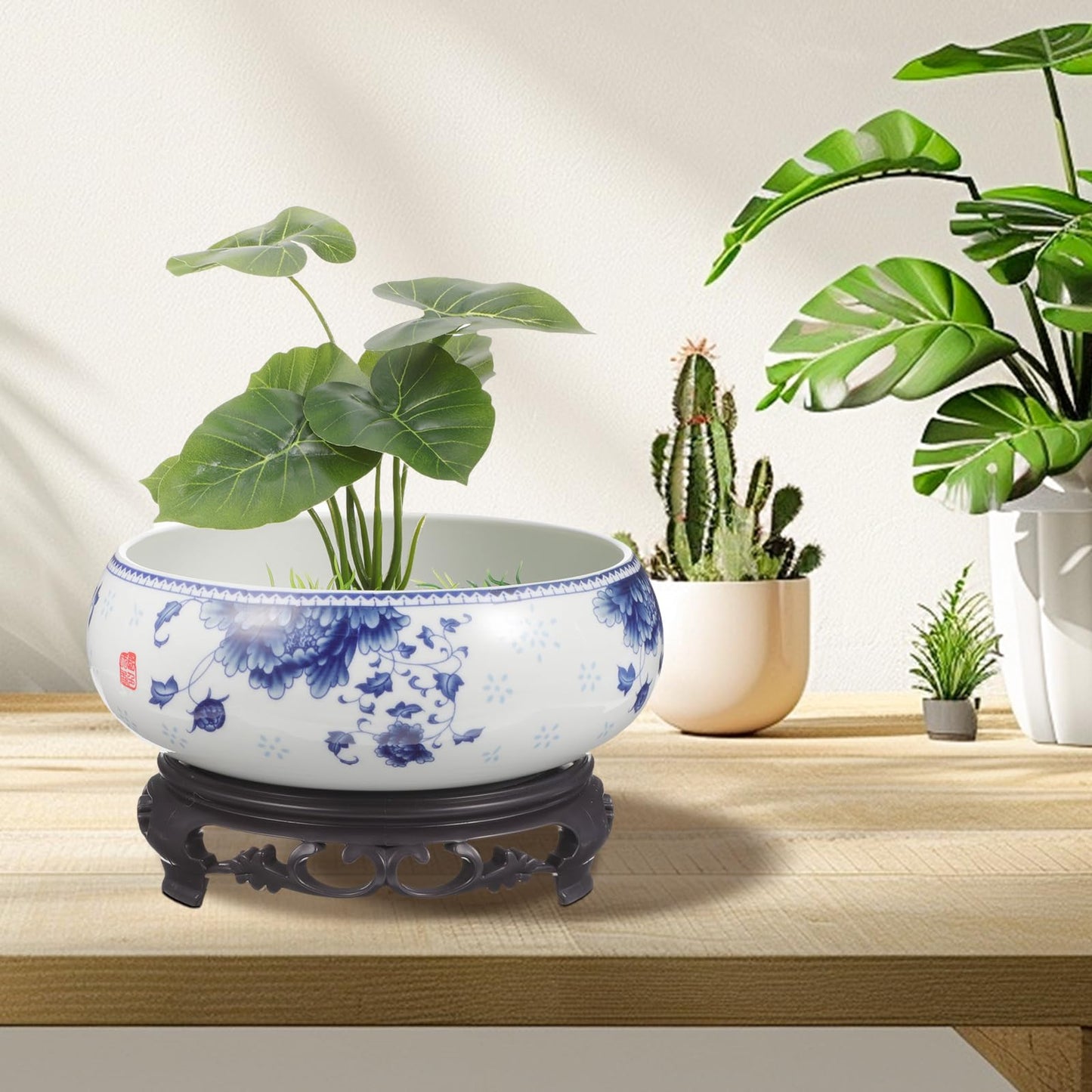 Yardwe Ceramic Flower Pot with Base - Non-Hole Hydroponic Planter for Home Decor Ideal for Succulent and Water Lily Plants, 7.1X6.3 Inch