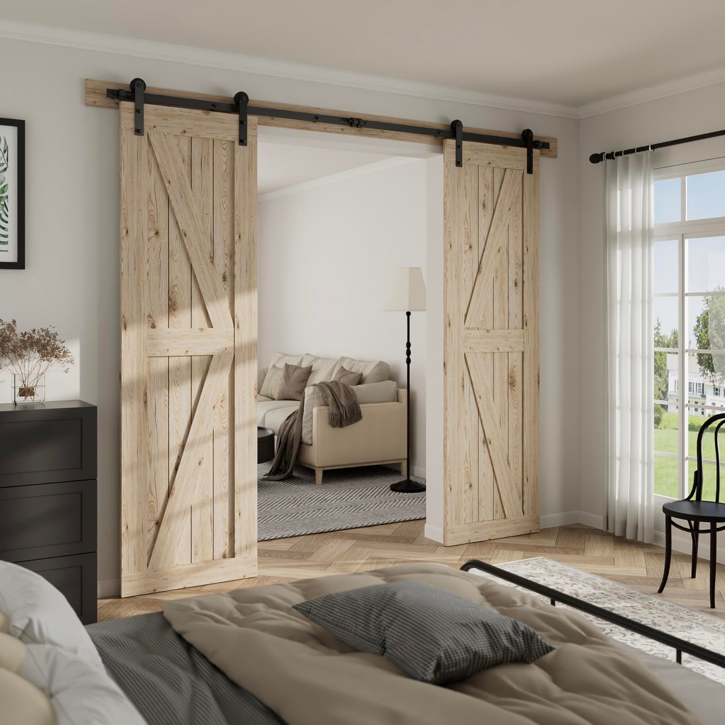CCJH 20FT/236“ Sliding Barn Door Hardware Kit, Heavy Duty, Smoothly and Silently, Easy to Install, Fit 60" Width Double Door Panel, I Shaped Hangers Black