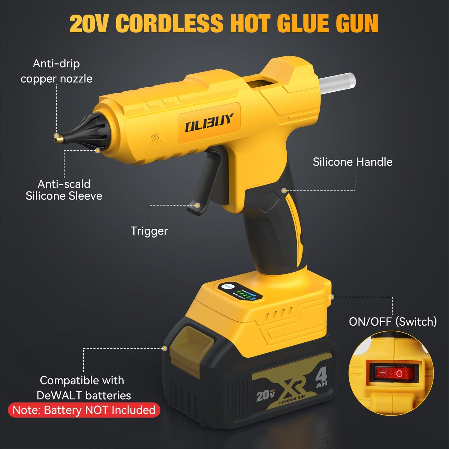 Cordless Hot Glue Gun for De-Walt 20V Battery - 100W Hot Glue Gun and 35PCS Glue Sticks Set, Handheld Electric Glue Gun Full Size for Arts Crafts DIY Home Repair School Projects (Battery Not Included)