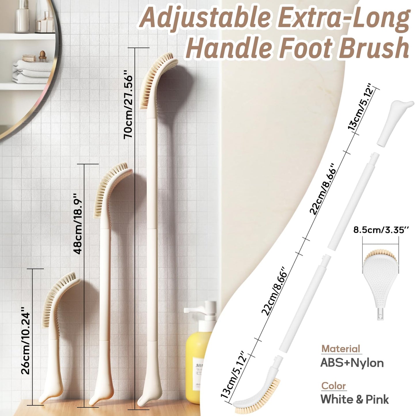 GEENOA New Foot Brush & Foot File Set(2PCS), 3-in-1 Foot Scrubber in Shower, 10.2’’-27.5’’Adjustable Long Handle Foot Scrub Brush and Upgrade Foot File Callus Remover, Gift-Box Packed(White Set)