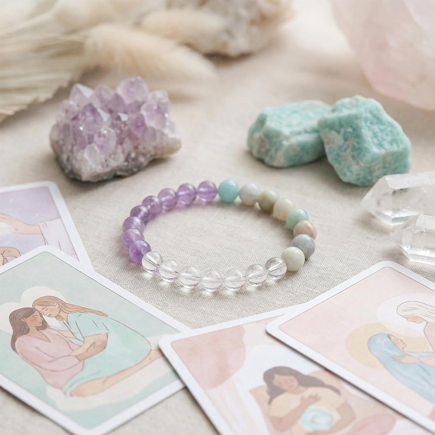 Bivei Emotional Healing Bracelet, Strength Crystal Healing Bracelet 8MM with Amazonite & Clear Quartz & Amethyst - Spiritual Stretch Beaded Jewelry for Women Men Gift