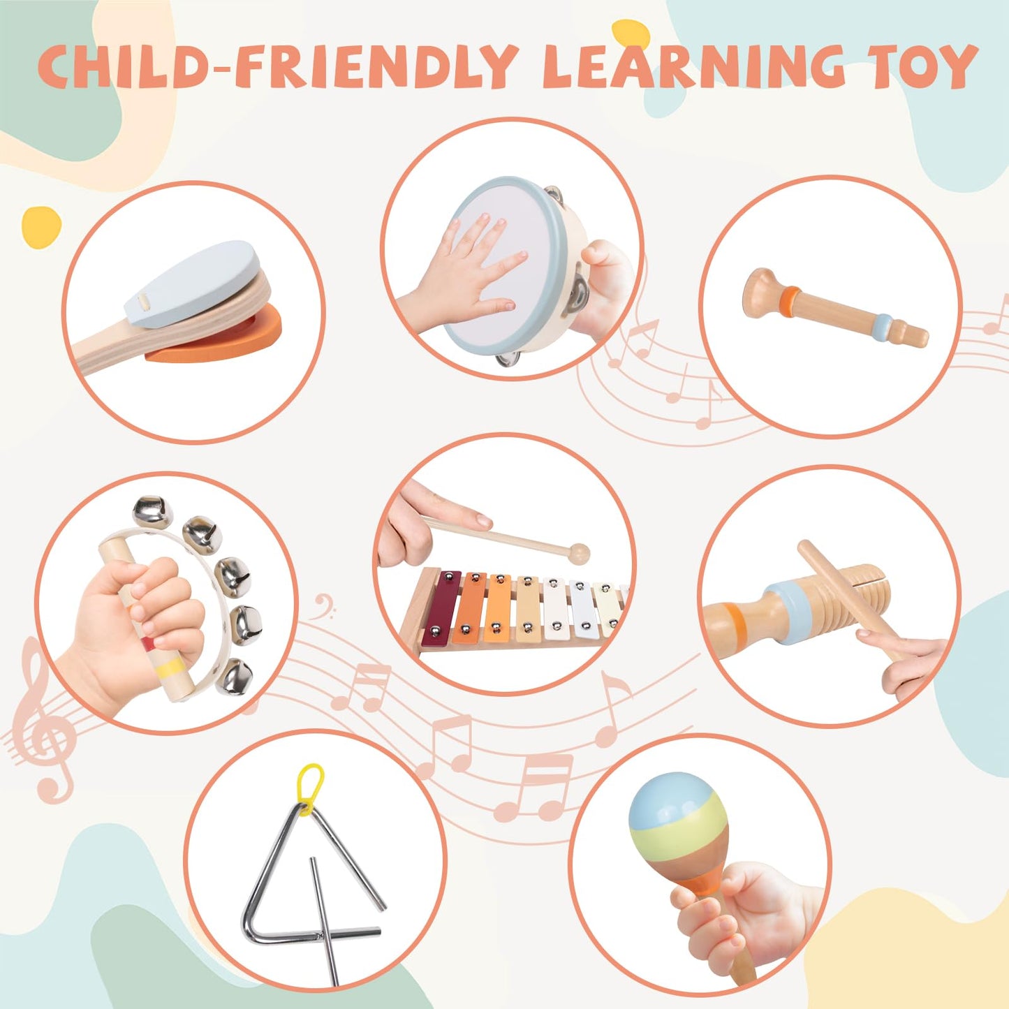 Baby Musical Instruments Set - Montessori Wooden 18 Month Old Baby Musical Toys, Toddler Percussion Instruments Xylophone Maracas Tambourine for Toddlers 1-3, 1 2 3 Year Old Girls Boys Birthday Gifts