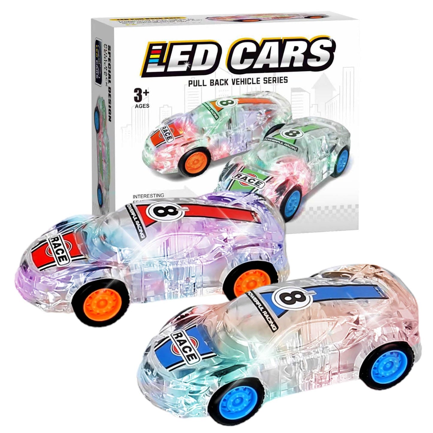 ZOHANINDL LED Light Up Pull Back Car Toys,Race Cars Toy (2 Pack),Car Body Glows-Batteries Included,Suitable for Toddlers 3 4 5 6 7 8 Year Old Kids for Boys and Girls Birthday Party Gift