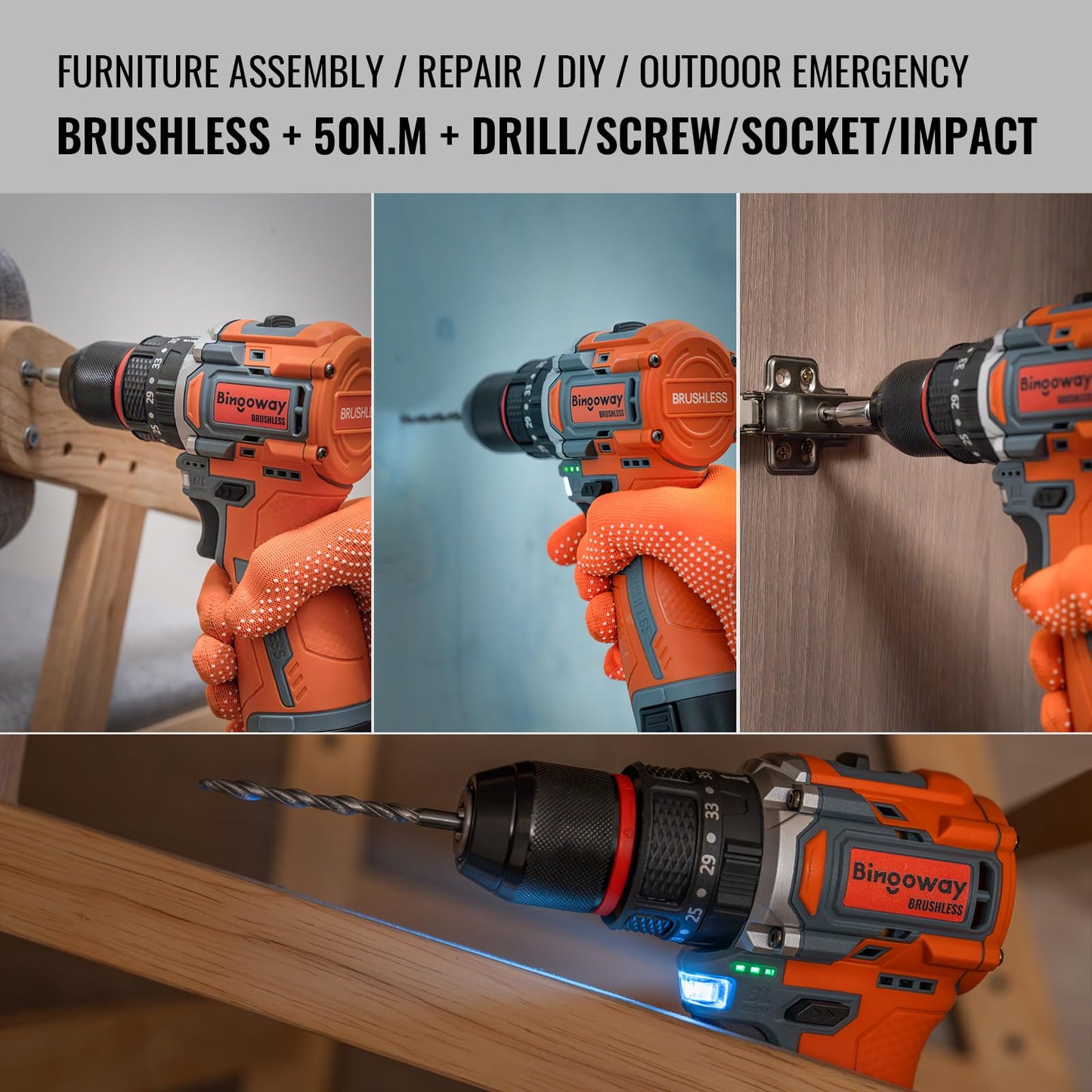50N.m Brushless Cordless Drill, 16V 4-Function Electric Drill with 36 pcs Accessories, Keyless Metal Chuck, 35 Torque Adjustment, 2pcs Batteries, 2 Speed, Screwdriver, Wrench, Impact Gun For Housework
