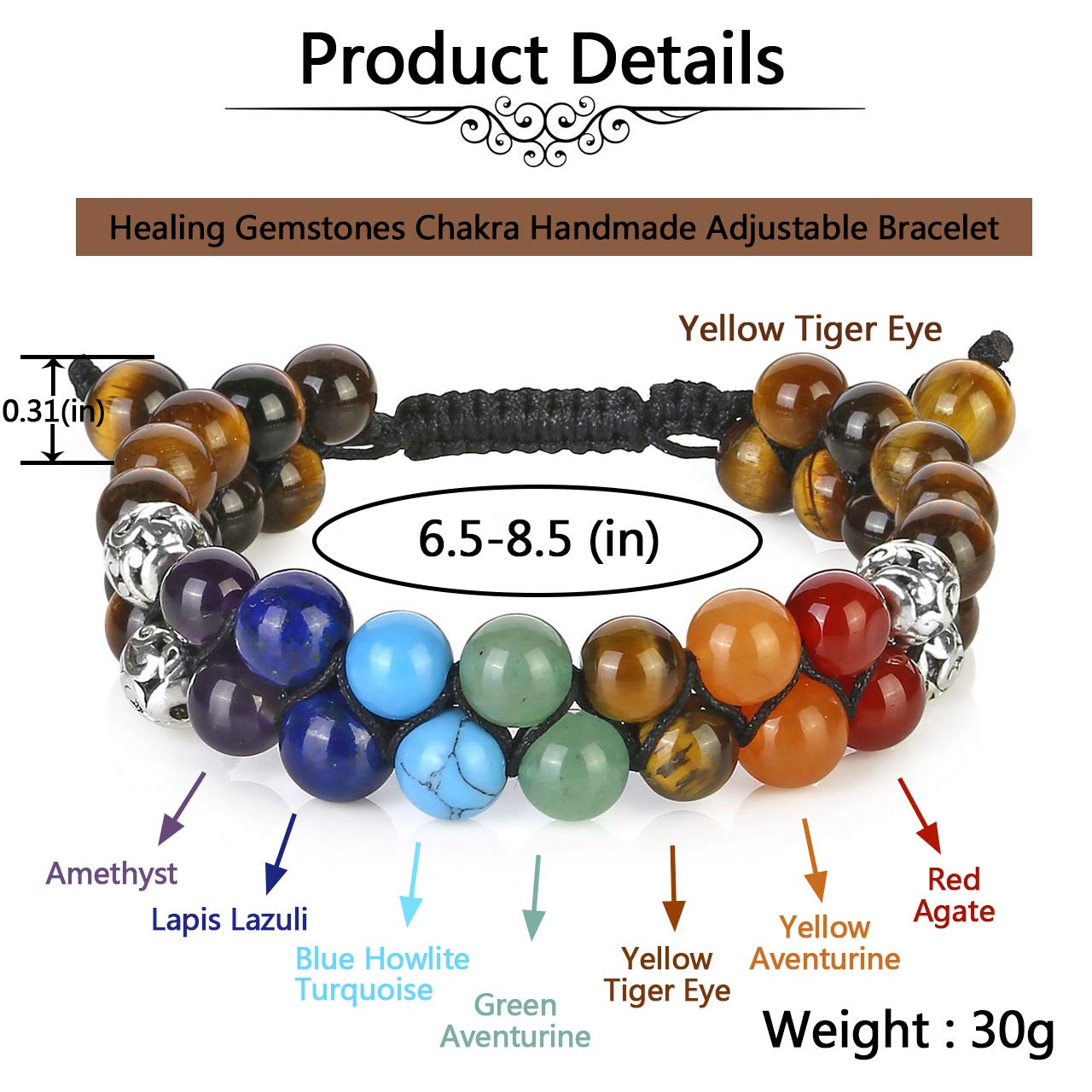 Top Plaza Tiger Eye Stone Bead Chakra Bracelet 7 Chakras Healing Crystals Bracelet Yoga Stone Beads Bracelets Meditation Relax Anxiety Bangle for Womens Mens