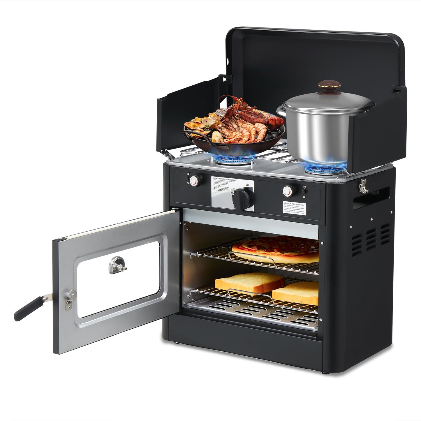 Bonnlo 2-in-1 Camping Oven & Portable Gas Stove Combo with 3-side Windscreen, Powerful 19,800 BTU Propane Oven with One-click Ignition, Heat-resistant Coating & Thermometer for Outdoor Use, Black