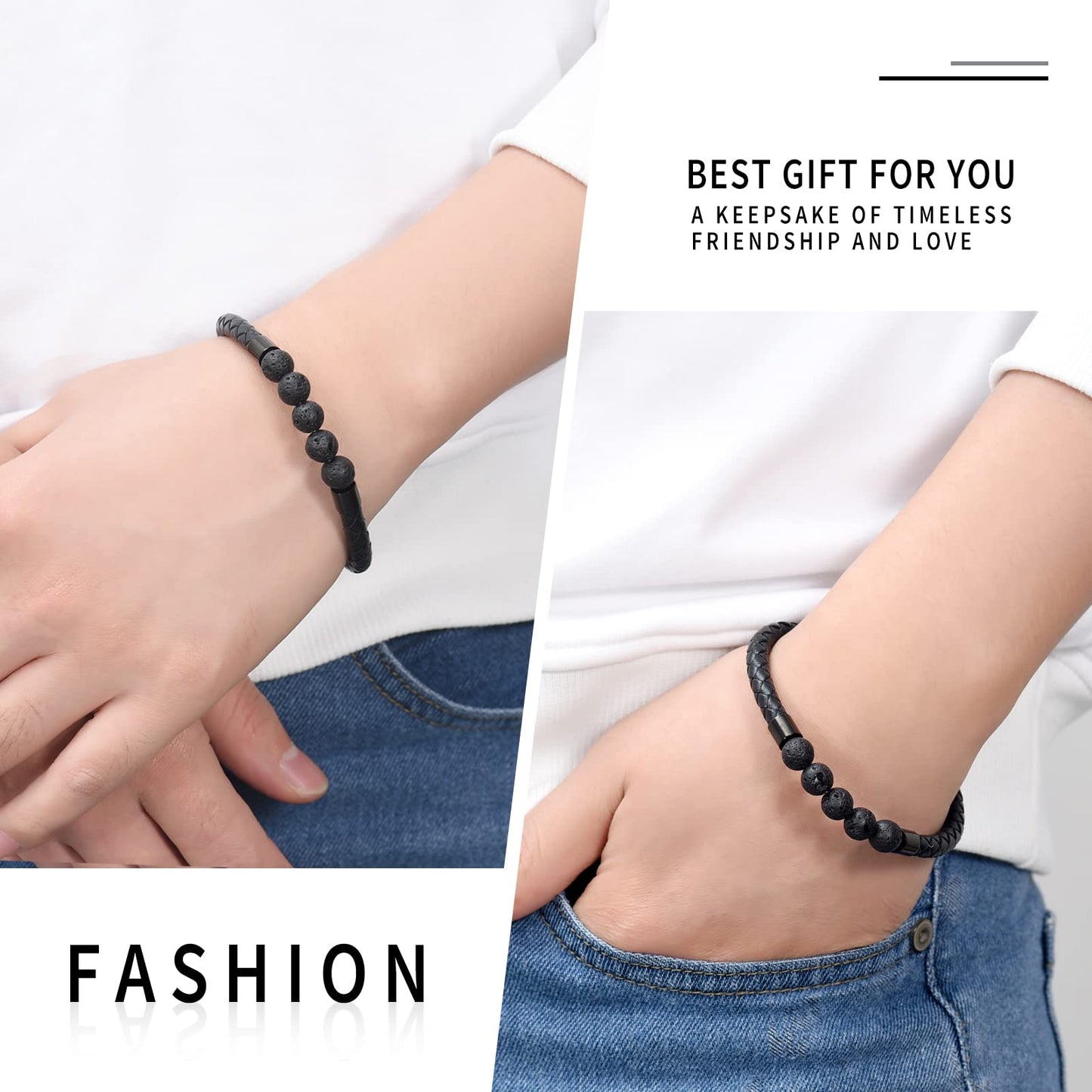 shajwo Cremation Jewelry Lava Stone Urn Bracelet for Ashes for Women Men Chakra Healing Balancing Genuine Leather Memorial Bracelets,Black
