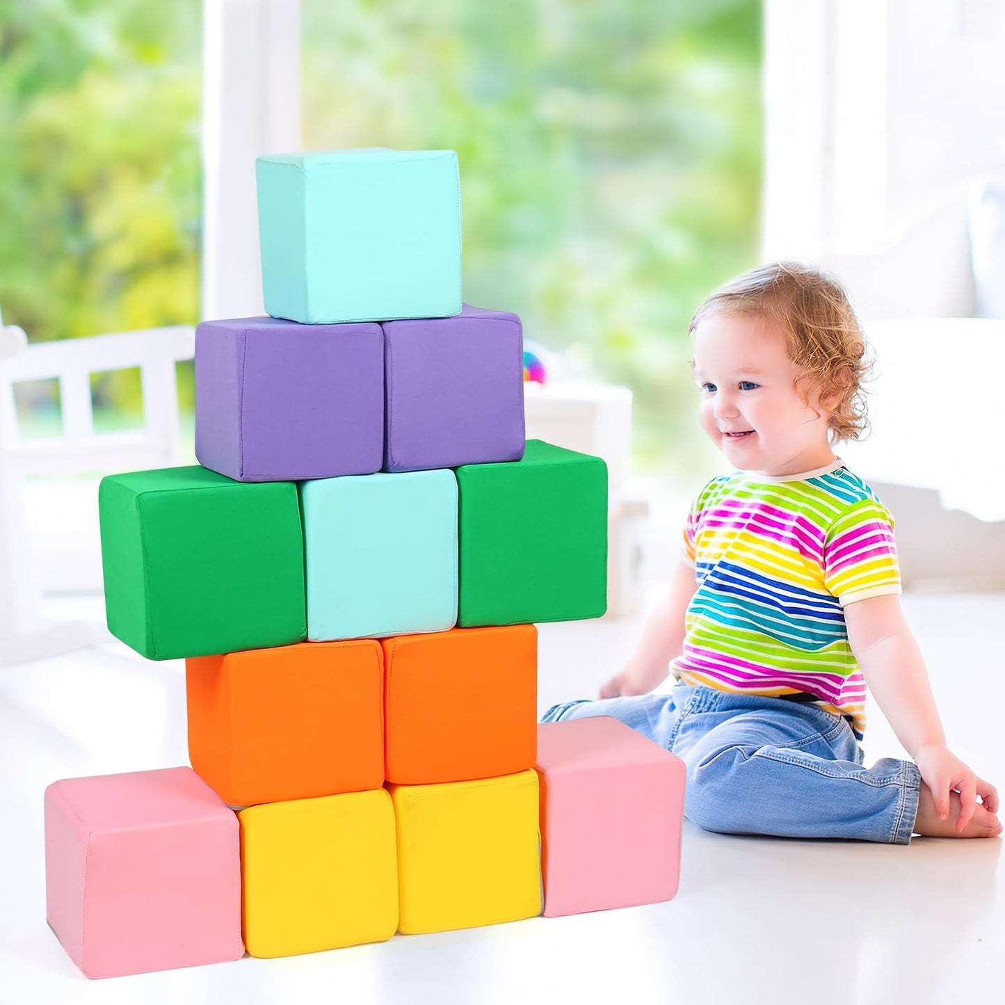 Foam Blocks for Toddlers, 12 PCS Soft Building Blocks for Kids, Large Foam Cubes Colourful Stacking Block Sets - Throw & Play Toys with Washable Cover(Pink, Light Blue, Yellow, Orange, Green, Purple)