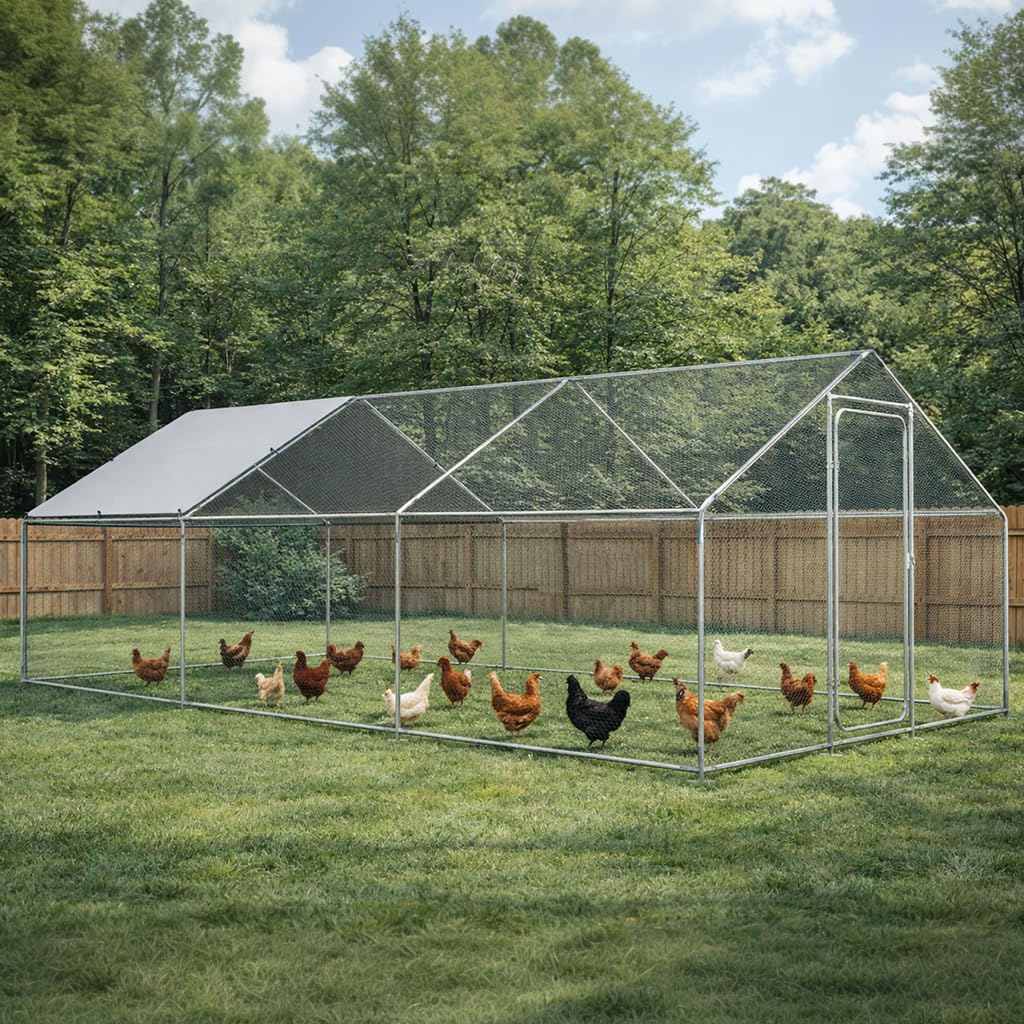 COMHOMA 19.7×10×6.6FT Large Metal Chicken Coop,Galvanized Steel Walk-in Chicken Run with Waterproof Roof & Lockable Door,Outdoor Poultry Cage for Hens,Ducks,Rabbits