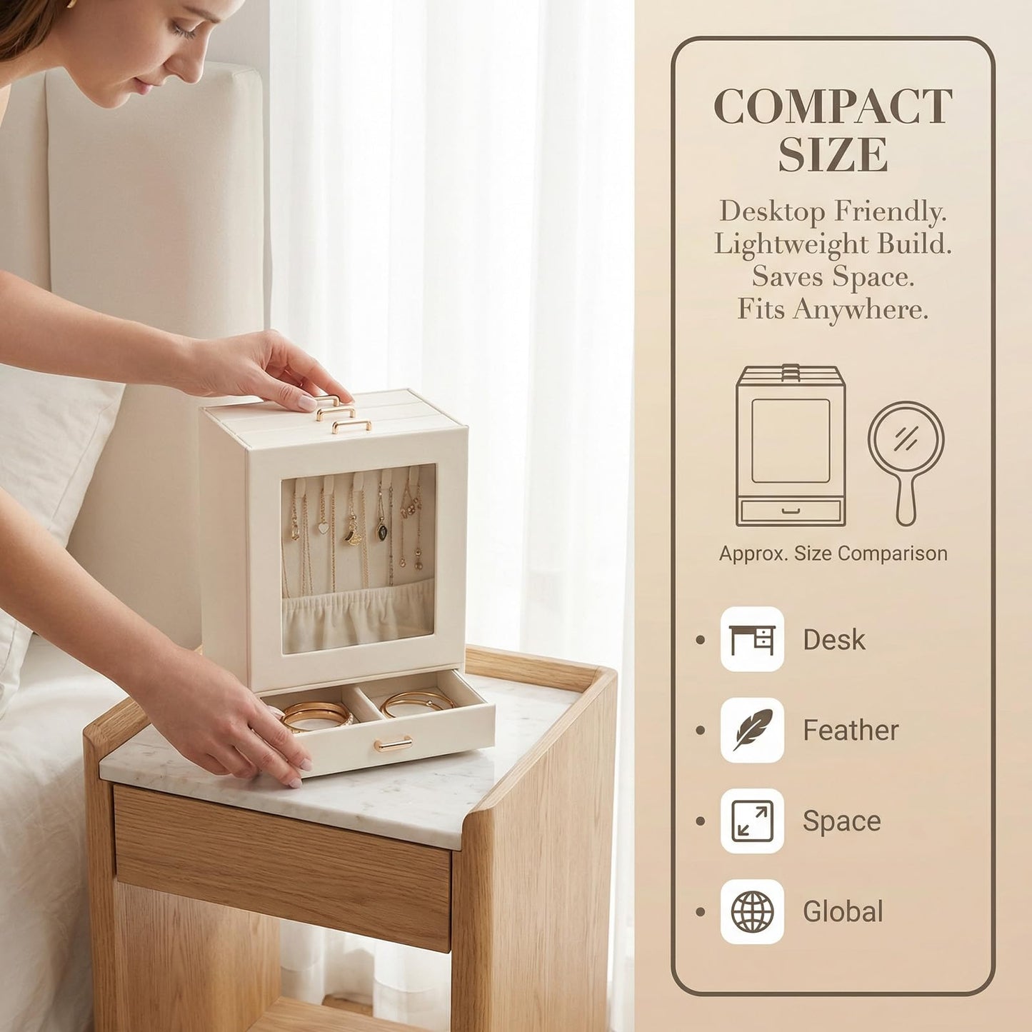 Vandozis 3-Tier Jewelry Organizer Box, Velvet Lining Jewelry Storage with Transparent Window, Multi-Compartment for Necklaces Earrings Rings, Gift for Women Girls, Vanity/Dresser Decor (White)
