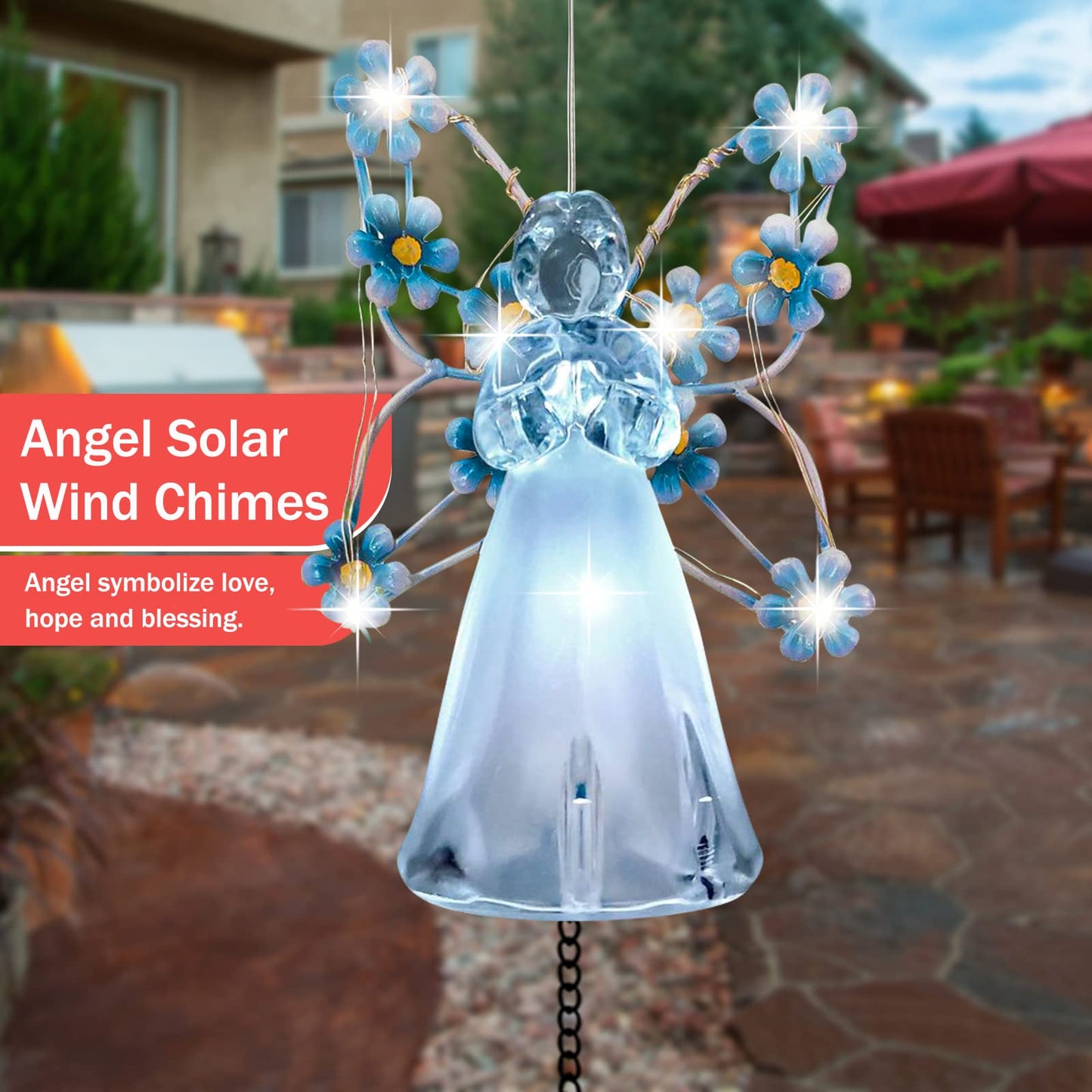 Solar Angel Wind Chimes - Outdoor Garden Decoration, Waterproof Solar Hanging Wind Chimes Lights for Garden, Window, Gazebo, Patio, Gifts for Women (Blue)