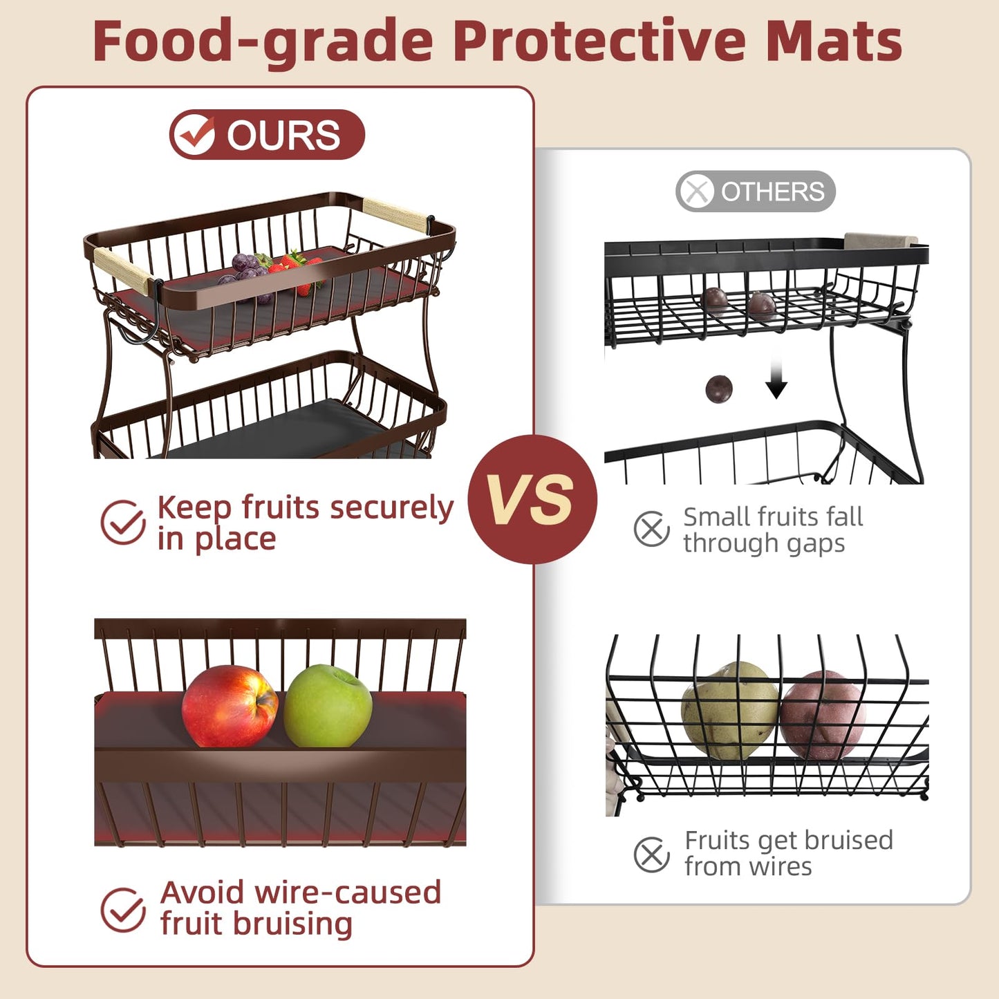 Sevenblue 2 Tier Large Fruit Basket for Kitchen Counter with 2 Mobile Banana Hangers, 2026 Pro Detachable Metal Fruit Bowl with Wooden Handle (Brown, 2 Tier Extra Large)