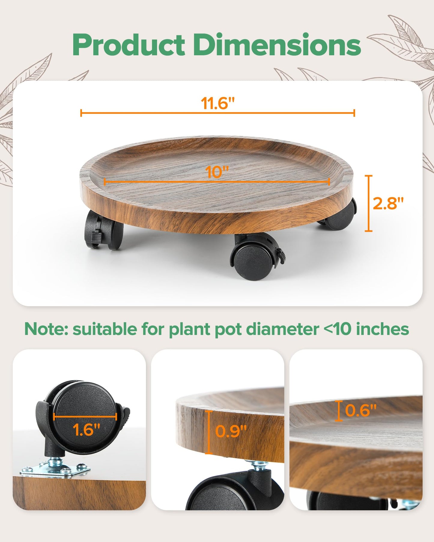 AZADESJET 2 Pack Plant Caddy with Wheels, 12" Wood Rolling Plant Stand with 360° Lockable Wheels, Plant Stands Outdoor for Large Plants, Flower Cart Plant Dolly Plant Caster for Heavy Objects, Walnut