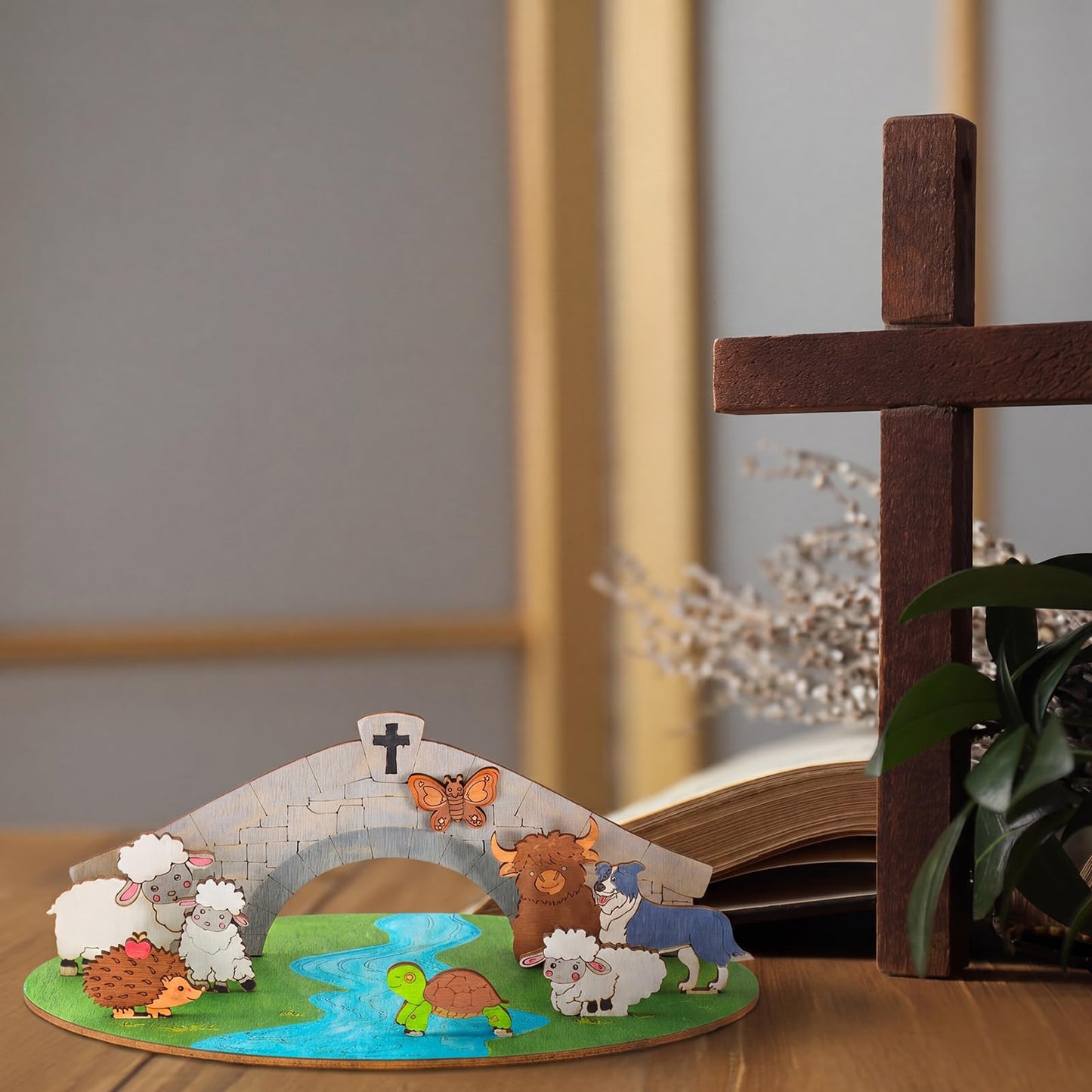 DoubleFill 12 Set 2026 Vbs Crafts for Classroom DIY Emerald Cross Themed Craft Kits Farmhouse Animals Wooden Cutouts Kit Country Animal Multi-Layer Crafts for Sunday School Church Bible Decor