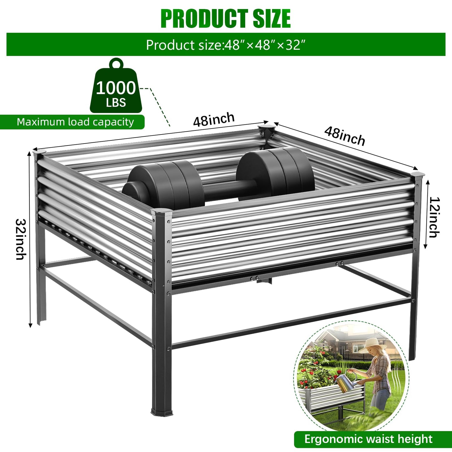 Doniks Raised Garden Bed with Legs, 48×48×32in Large Outdoor Metal Galvanized Garden Planting Box,1000lb Capacity for Vegetables Lawn Green Flowers, Fruits, Terrace