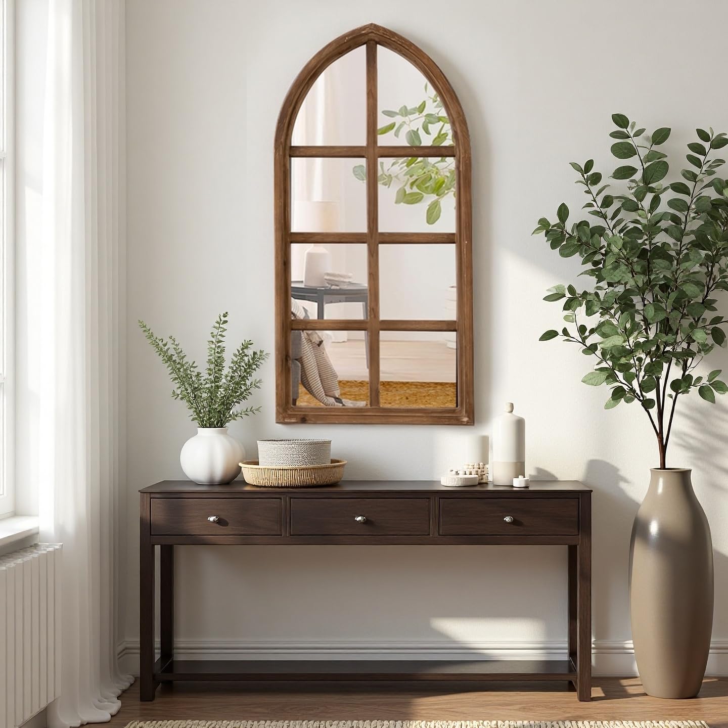 Sintosin Farmhouse Cathedral Window Pane Mirror Wall Decor 18 X 36 Inch, Hanging Distressed Wood Arched Window Mirror, Decorative Wall Mirrors for Living Room Bedroom Entryway