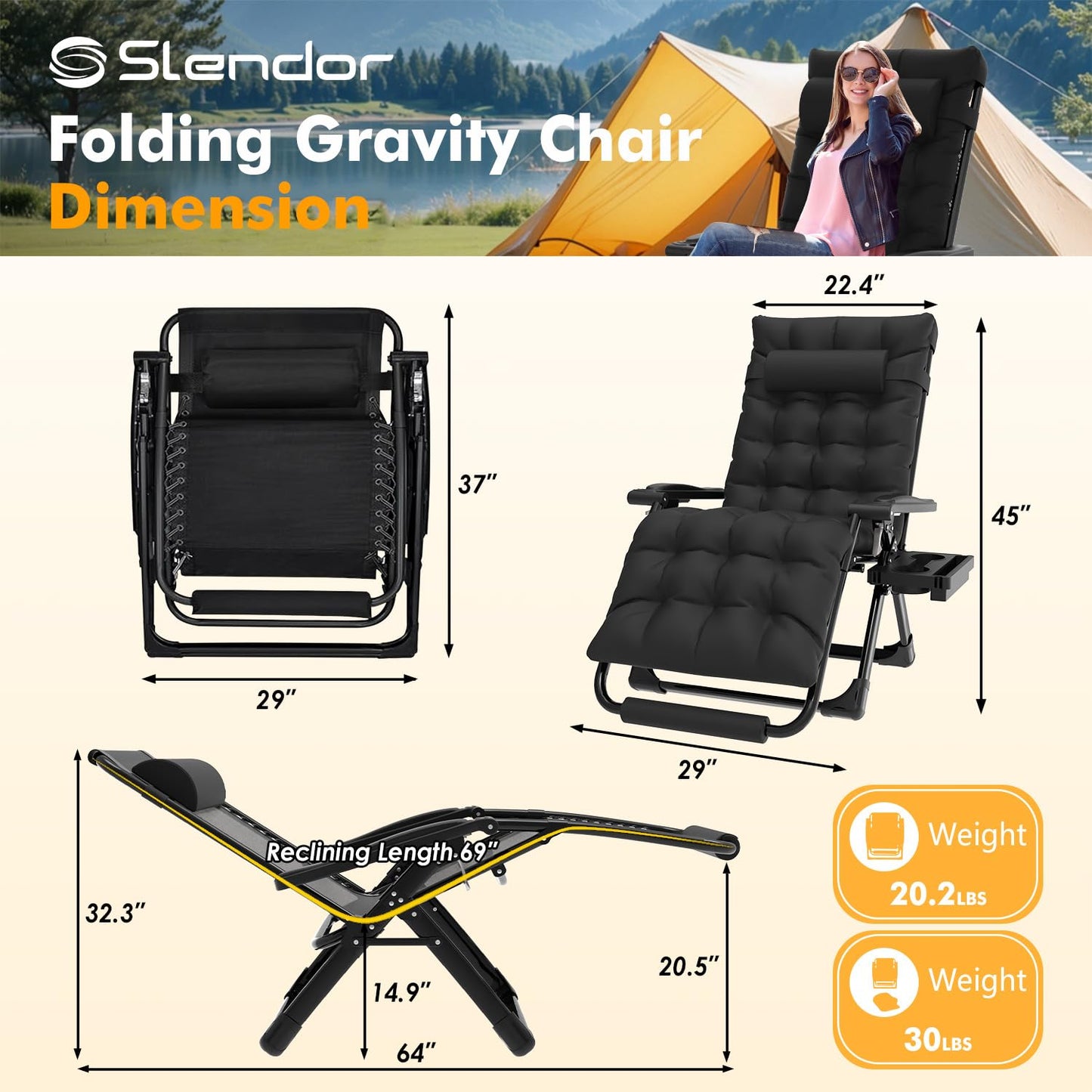 Slendor Oversized Zero Gravity Chairs XL, Padded Anti Gravity Chair, 29in Zero Gravity Lounge Chair, Folding Reclining Chair w/Aluminum Alloy Lock, Headrest, Cup Holder, Support 440lbs, Black