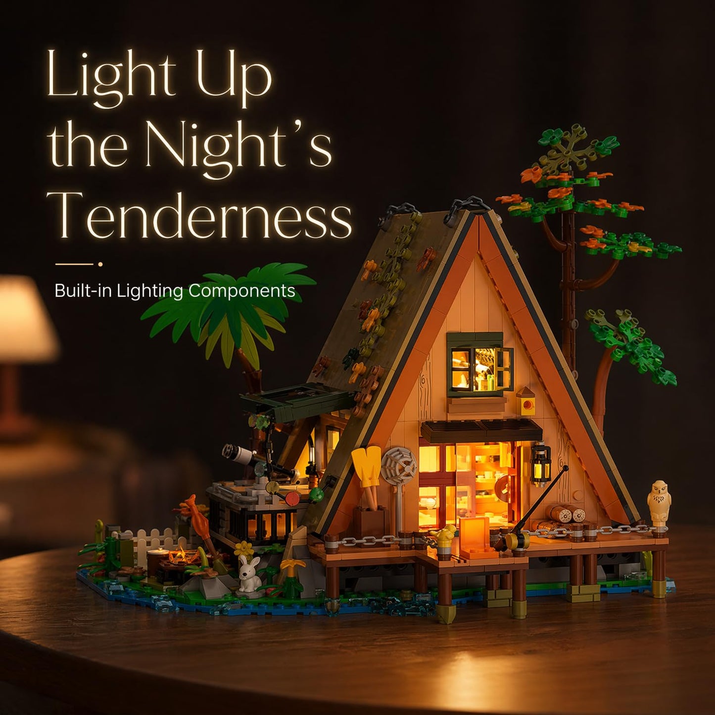 A-Frame Cabin Building Set with LED Light, 1486 Pcs Wooden Lakeside Cabin House Model Kit, 2-Story Architecture Collectible Set for Adults, Nature Animal Lovers Gift ZY-6028