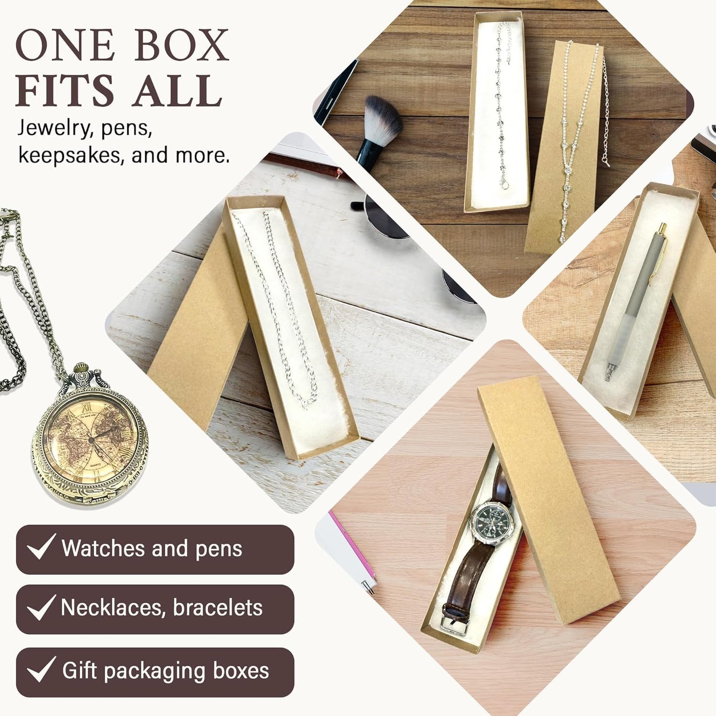 RJ Displays 6 Pack Cotton Brown Kraft Color paper Cardboard Jewelry Boxes for Bracelets, Necklace boxes, Watch & Small Gifts box, Jewelry Gift Boxes Size 8" x 2" x 1" Inch -(Brown Kraft)