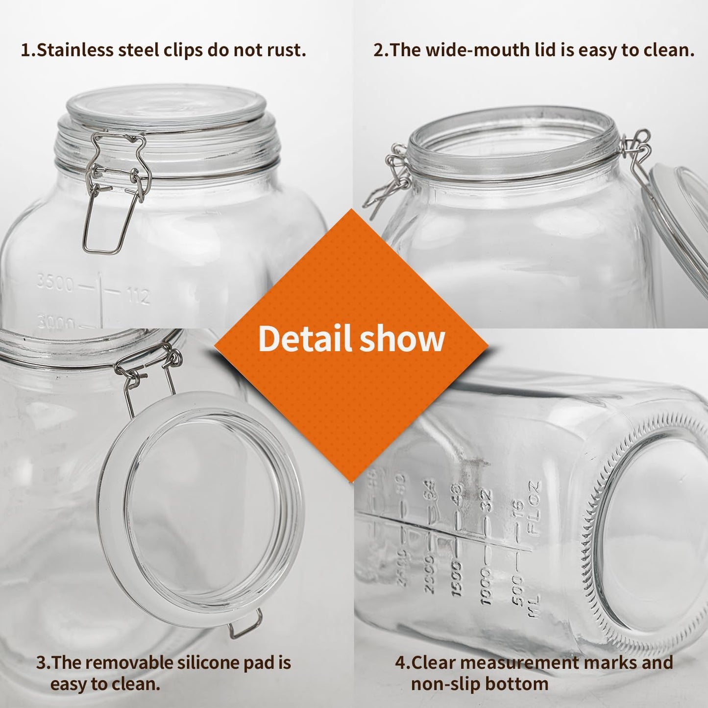 ZALSSKE 1.1 Gallon Large Glass Food Storage Jars with Airtight Lids,Set of 2 Square Wide Mouth Airtight Glass Storage Container,135oz Kitchen Mason Jar with Measurement Mark,for Flour Sugar Canning.