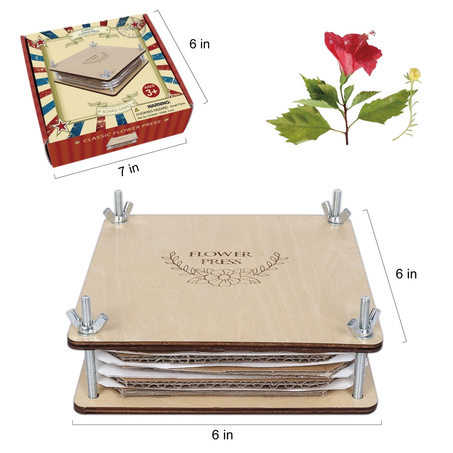 GOTHINK Flower Press Kit - 6 Layers 6 x 6 Inches, Easy to Use, DIY Dried and Preserved Flowers and Leaves, Plants Art & Crafts Wooden Flower Pressing Kit for Adults and Kids