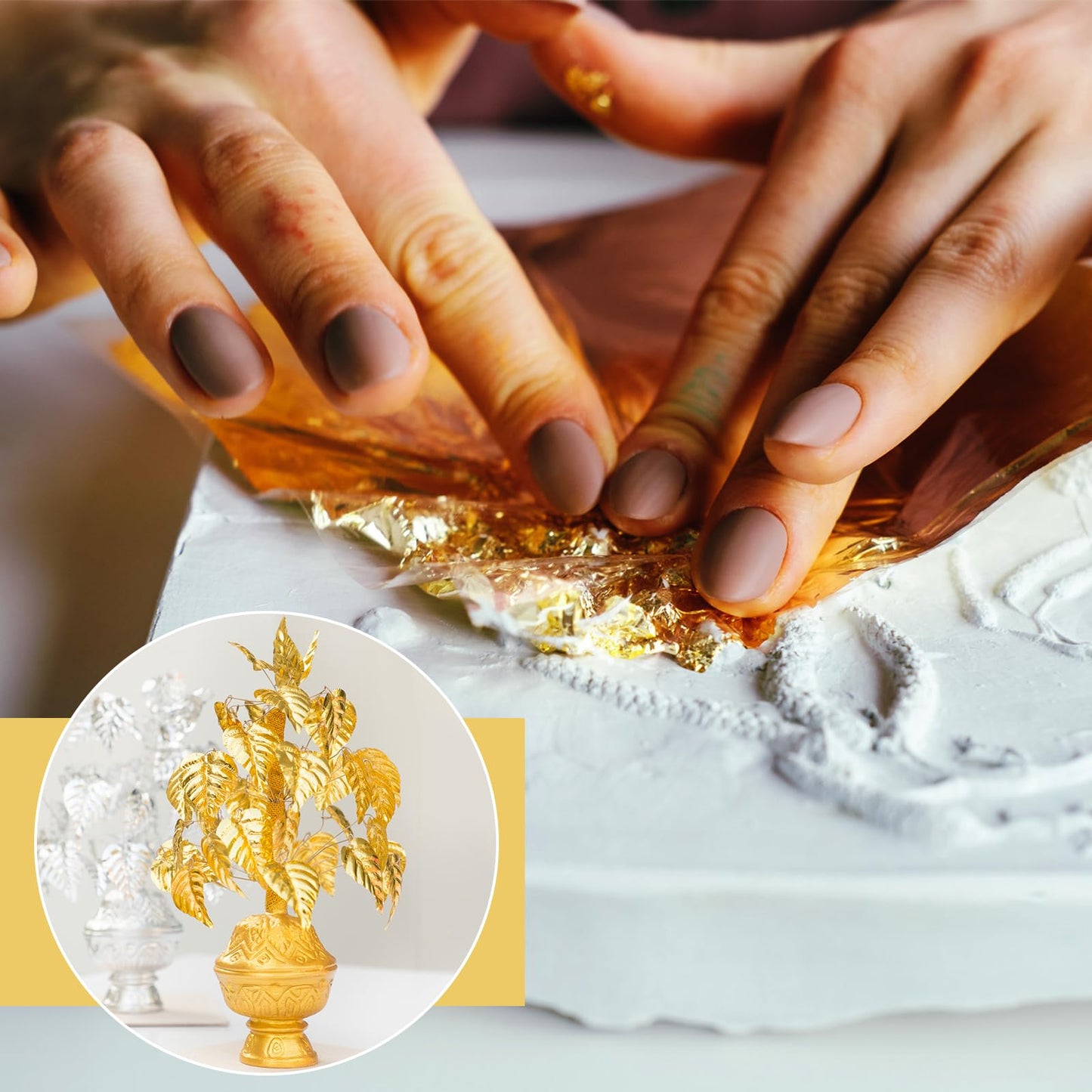 Maitys 400 Pcs Imitation Gold Leaf Sheet, for Art Silver Foil Sheet Set with Brush and Nipper for Painting Gilding Picture Frame Sculpture DIY Craft Decoration Furniture, 3.5 x 3.5 Inches(Golden)
