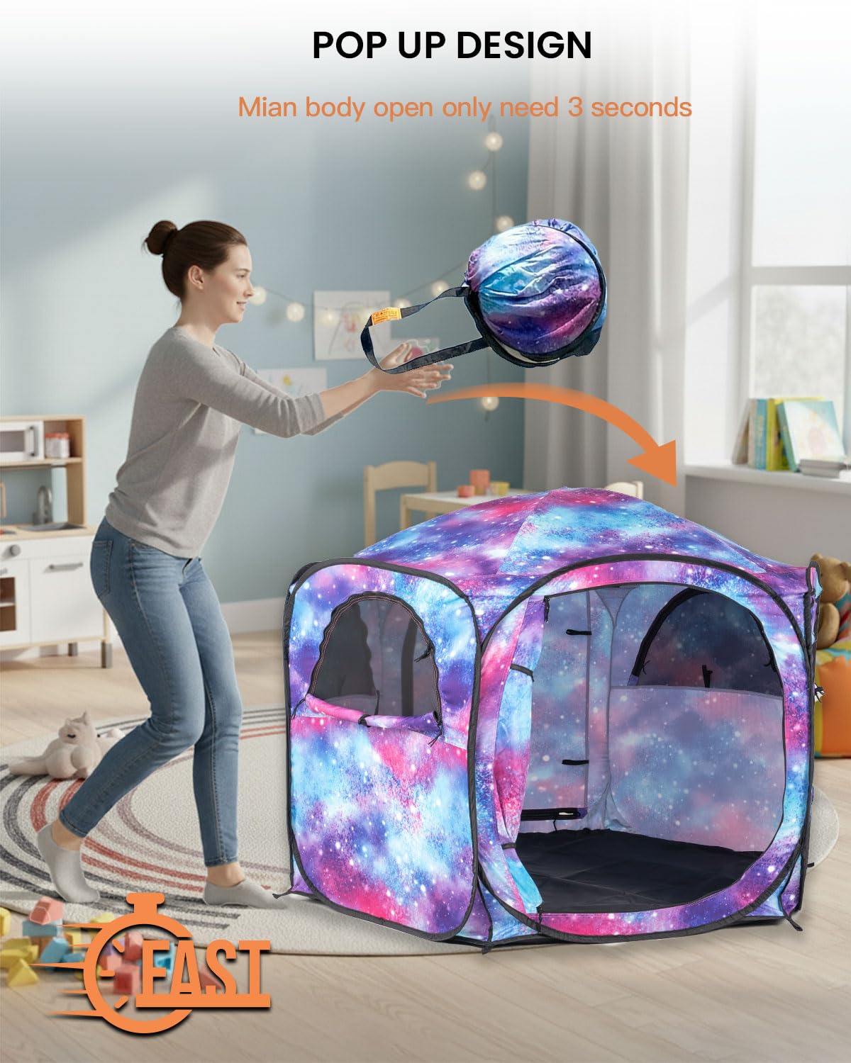 Porayhut Galaxy Pop Up Play Tent for Kids, 67" Hexagonal Privacy Sensory Tent with Removable Thick Mat & LED Photo Clip Lights, Light Blocking Indoor Outdoor Playhouse for Boys & Girls, Space Castle