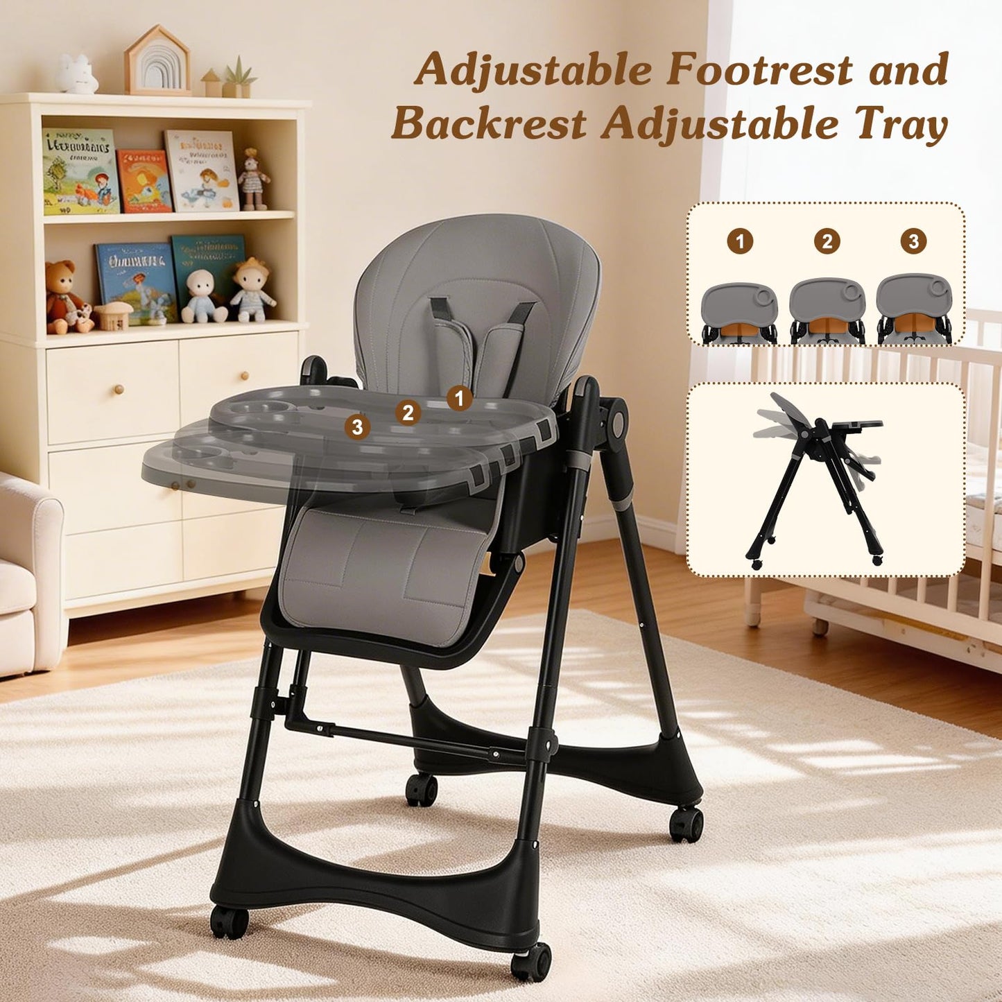 3-in-1 Baby High Chair with Soothing Rocker | Convertible Baby High Chair for Babies and Toddlers | Brake Wheels, Easy Clean, Space Saving | Adjustable, Removable Tray (Dark Grey)