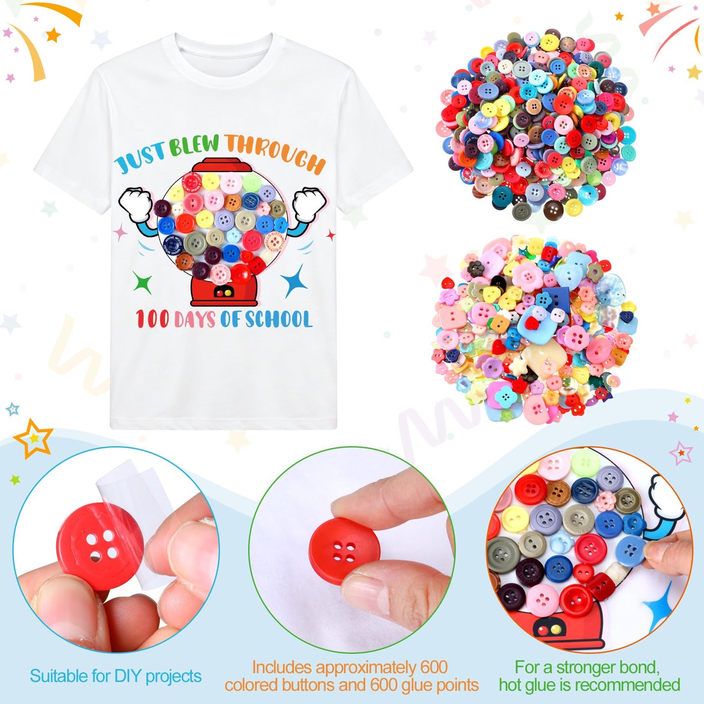 Suncalla 12 Sets DIY 100th Day of School Iron on Decals Craft Kit with Patches Buttons Machine Ice Cream Caterpillar T Shirt Dot Stickers for Kids DIY Art School Party Activity Creative Supplies