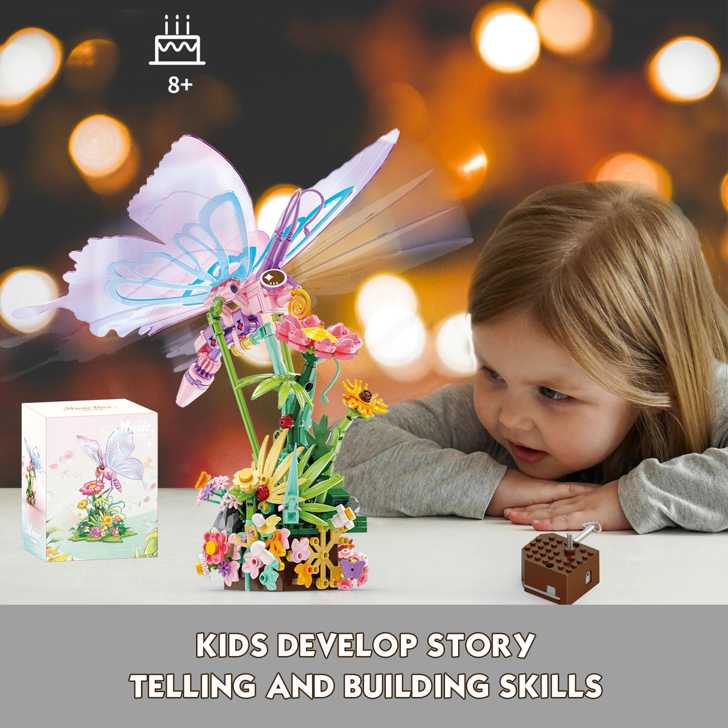 KAZI Butterfly Building Toy Set - Music Box for Girls & Kids Ages 8 Plus,DIY Insect and Flowers Crafts Kit for Home Decor,Living Room or Bedroom,Gifts for Insect Lovers, for Mom