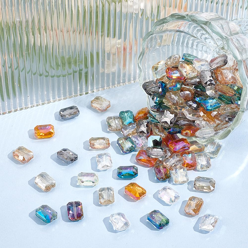 PH PandaHall 120pcs 8 Colors Faceted Glass Beads, 14x10mm Iridescence Flat Beads Rectangle Crystal Bead Large Loose Craft Spacer Bead for DIY Jewelry Bracelet Necklace Earring Keychain Making Crafts