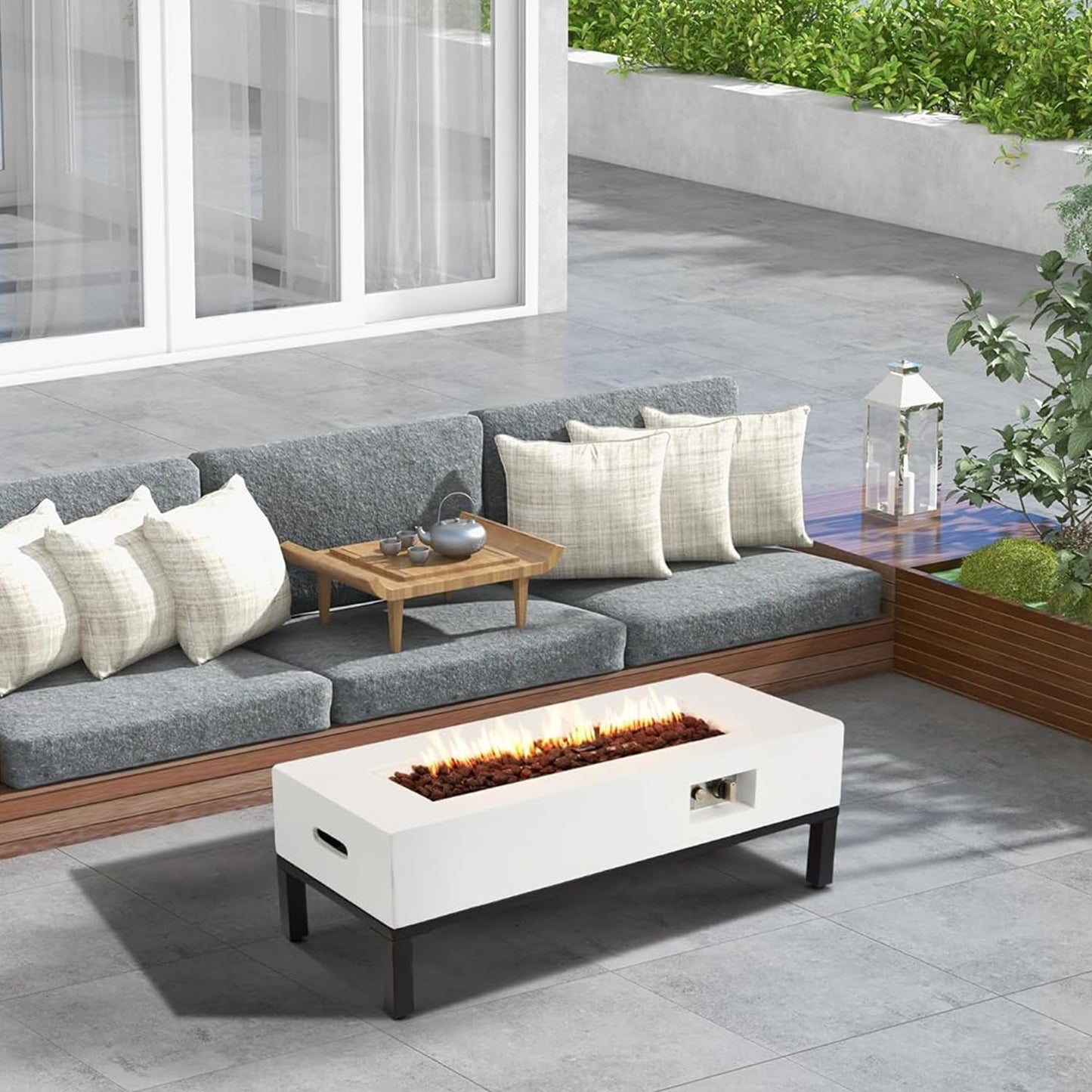 ECOTOUGE Rectangle Gas Fire Pit, 42 ''Outdoor Propane Firepit Table, Concrete Fire Table w/50,000 BTU Auto-Ignition,Shelves, Weather-Resistant Pit Cover, Lava Rocks, No Tank Holder, White