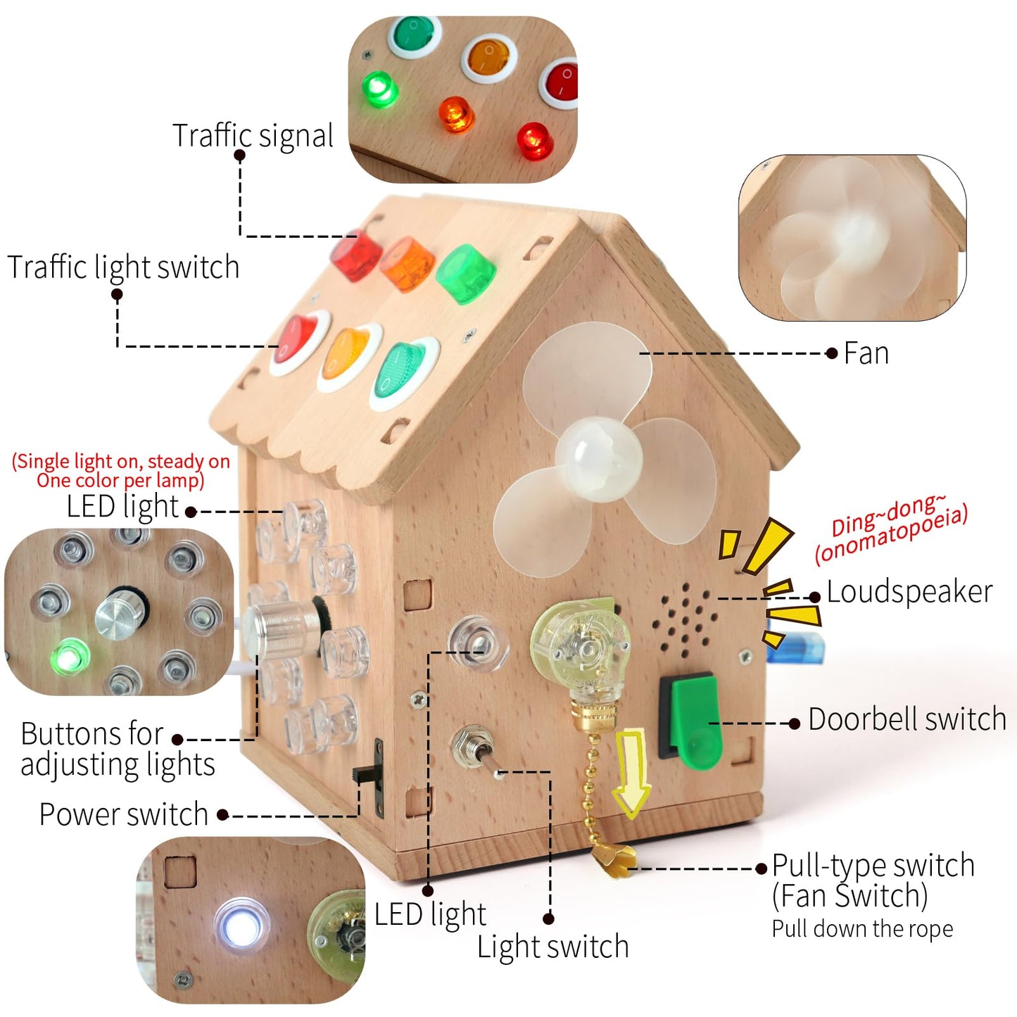 Dinhon Sound and Light Busy House Wooden Montessori Busy Board, Light Switch Games Toddler Sensory Toys Montessori Toys for 3+ Year Old Gifts for Boys and Girls
