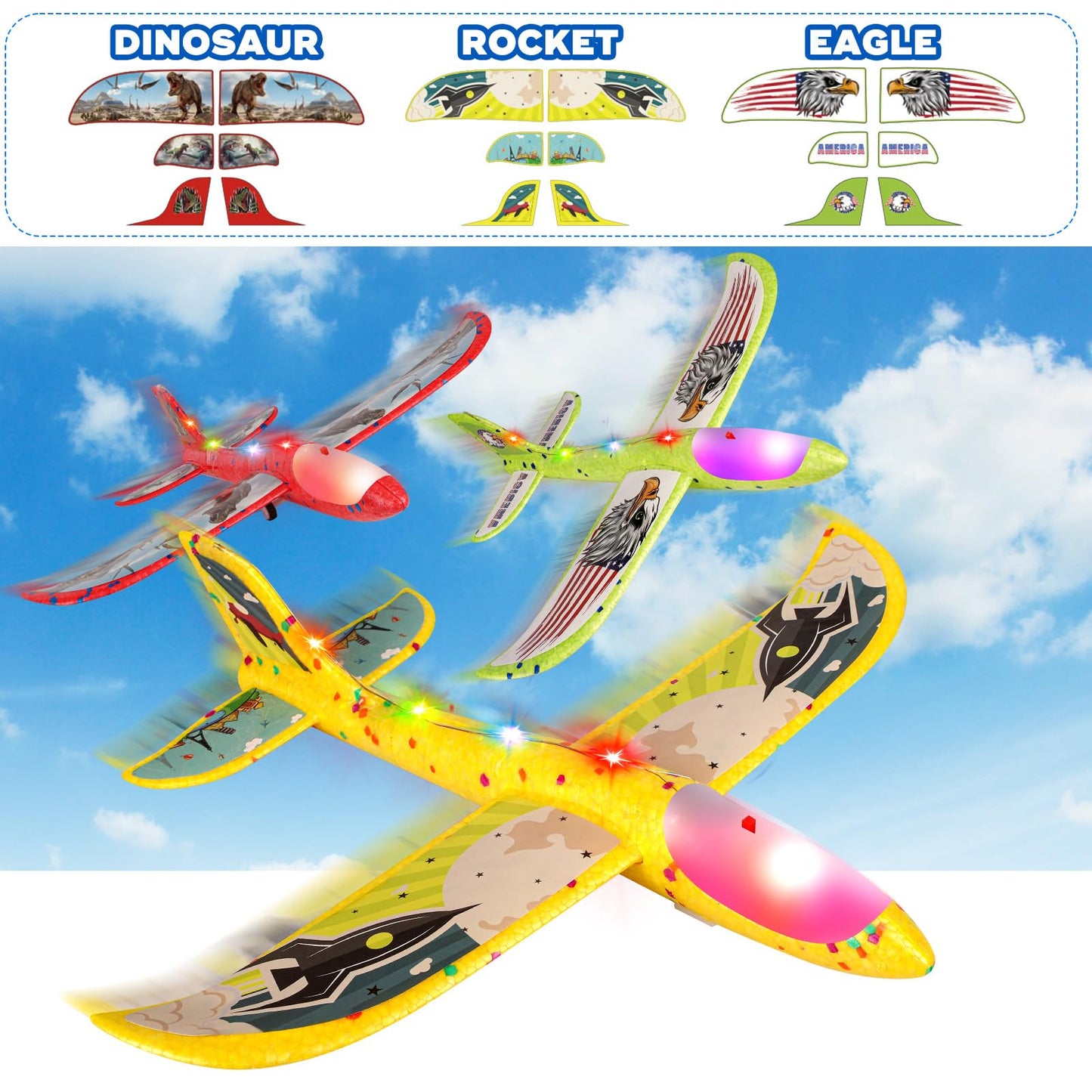 3 Pack Airplane Launcher Toy for Kids, 12.6" LED Foam Glider Plane, 2 Flight Mode Catapult Plane Boy Toys with Stickers, Outdoor Flying Toys Birthday Gifts for 4 5 6 7 8 9 10 12 Year Old Boys Girls