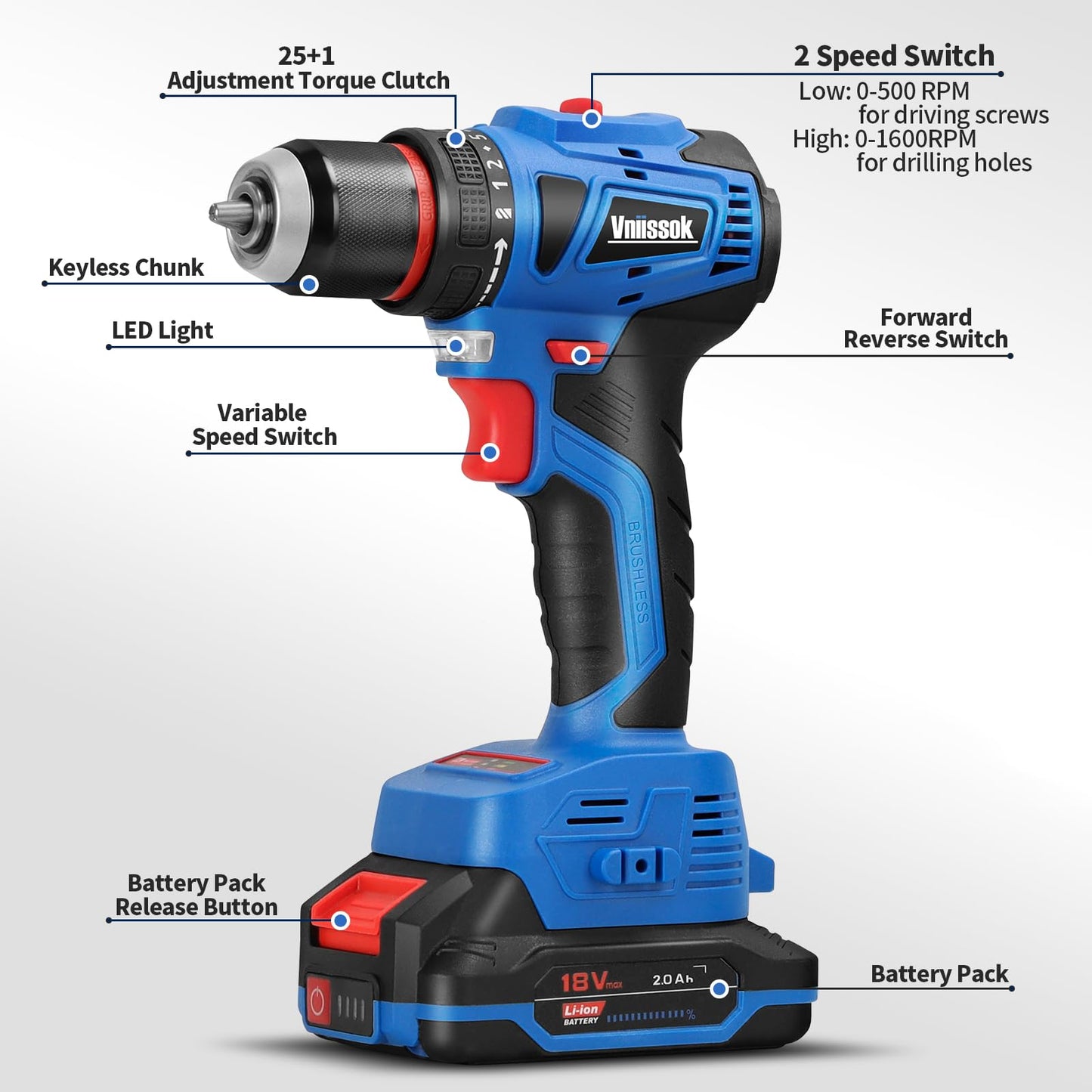Vniissok Cordless Drill Set,18V Brushless Power impach driver with Battery and Charger, 3/8" Keyless Chuck, Variable Speed, Drill Driver Bits Kit for Drilling and Tightening/Loosening Screws