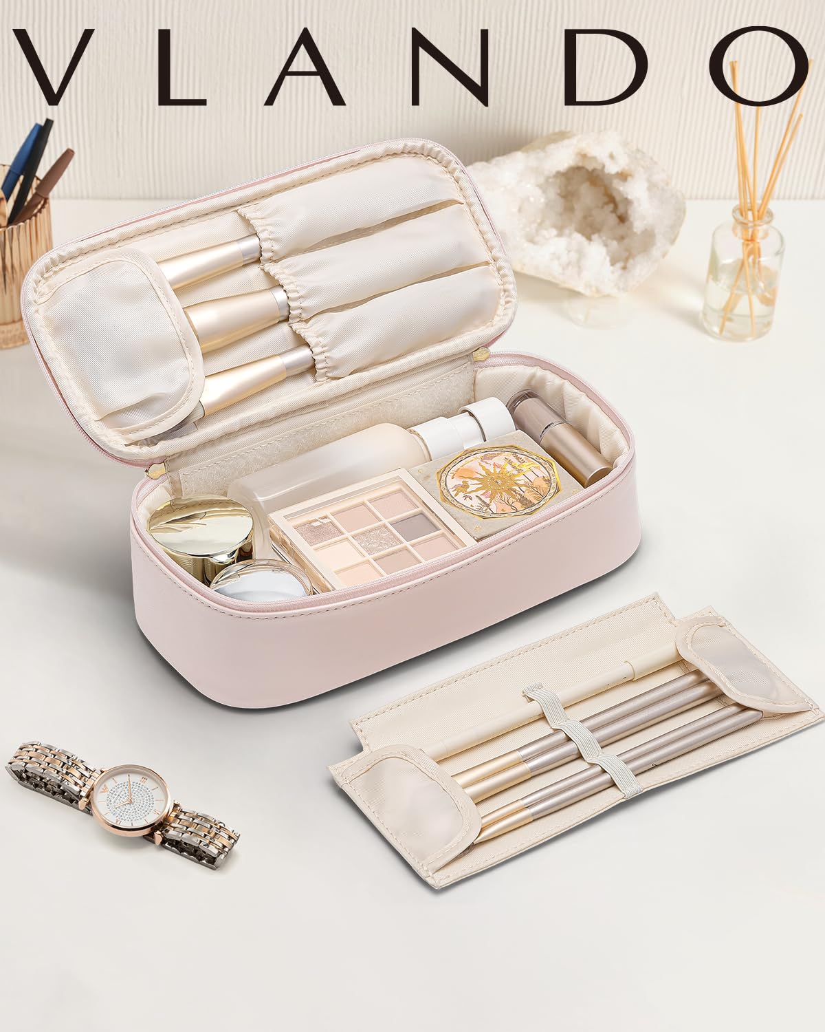 Vlando Makeup Travel Bag,Small Makeup Bag for Women,Gifts for Women Girls, Makeup Pouch Purse Travel Essentials Toiletries-Apricot Pink