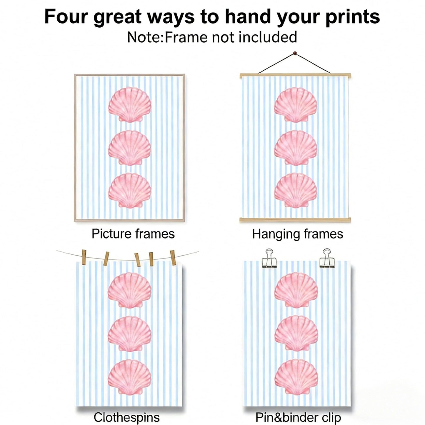 6pcs Preppy Beach Pink Blue Canvas Wall Art Coastal Fashion Bikini Shell Painting Picture Wall Decor Summer Seaside Theme Poster Print Artwork for Teen Girl Bedroom Dorm Gift granddaughter
